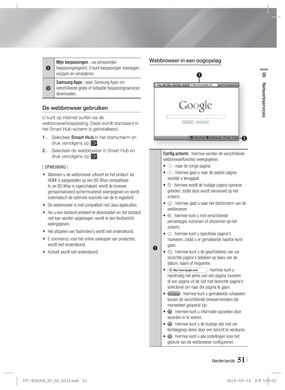 Samsung HT-ES6600/ZF, HT-ES6200/XN, HT-ES6600/XN, HT-ES6200/EN manual De webbrowser gebruiken, Webbrowser in een oogopslag 