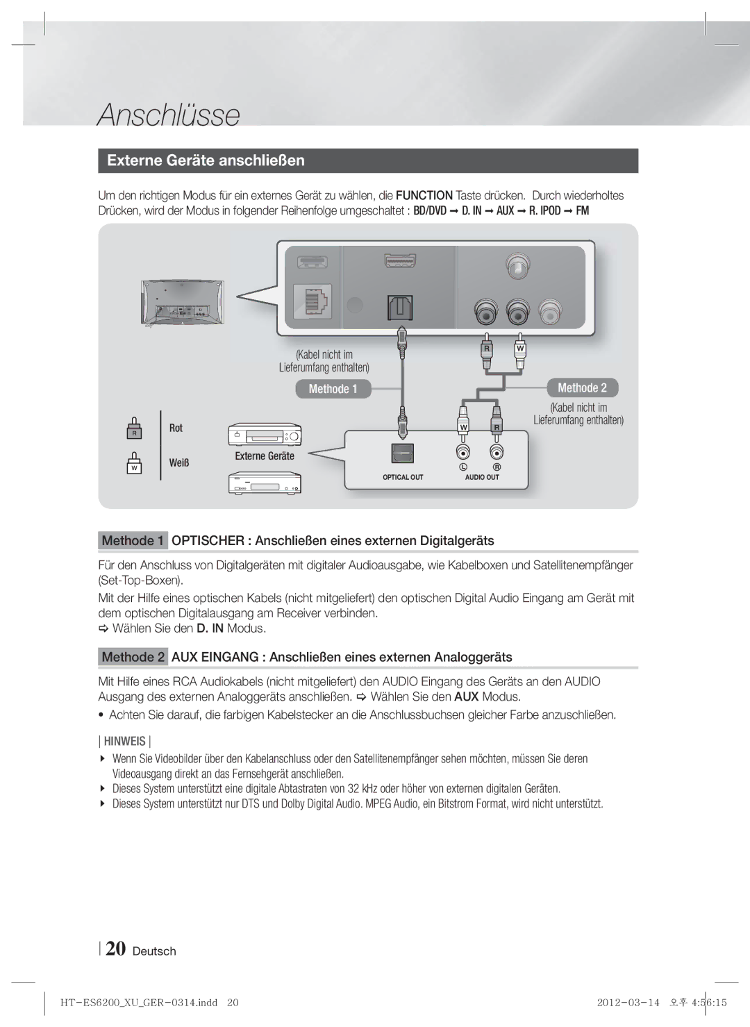 Samsung HT-ES6200/XN, HT-ES6600/XN, HT-ES6200/EN, HT-ES6600/EN manual Externe Geräte anschließen, Rot, Weiß Externe Geräte 