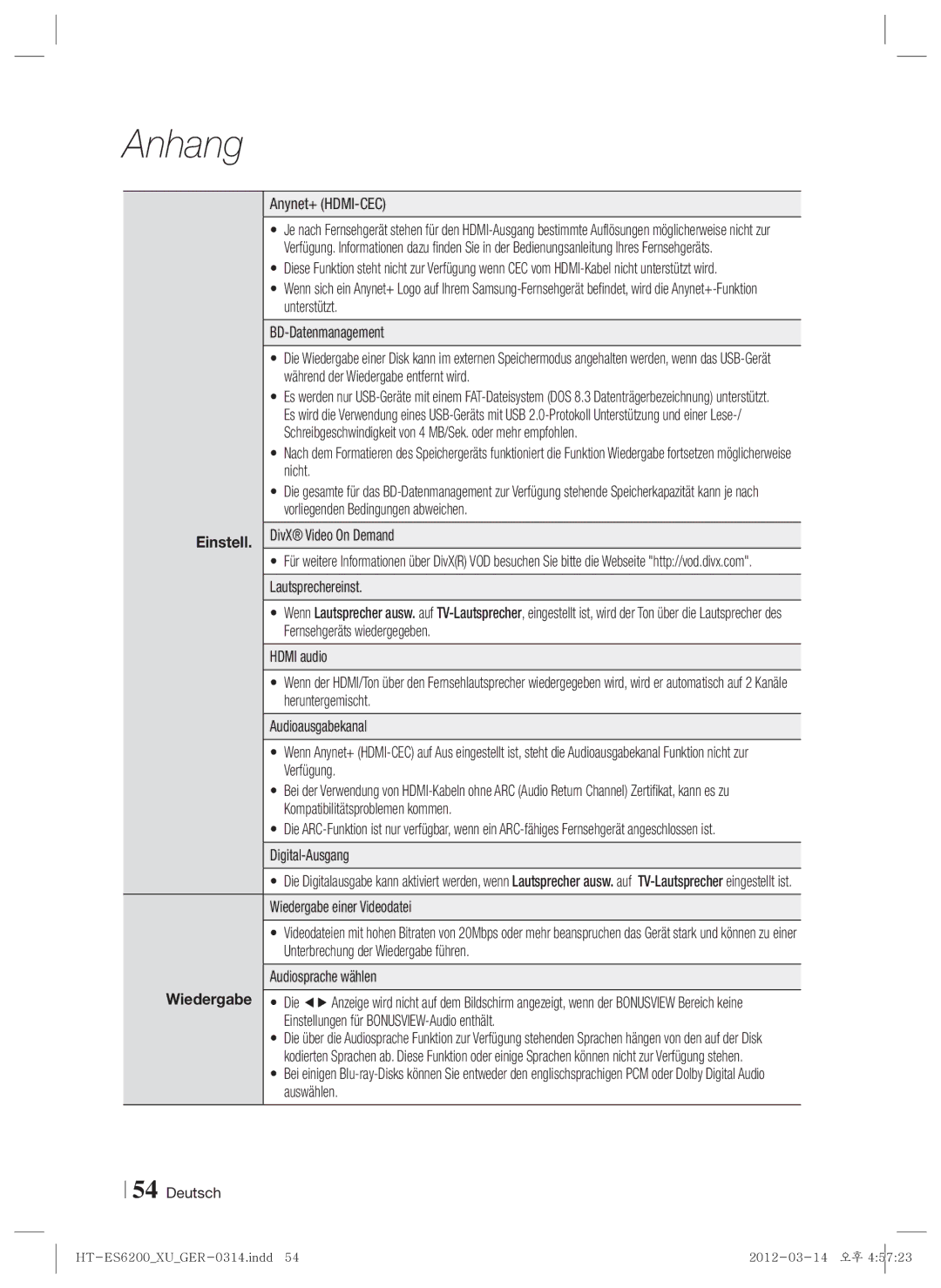 Samsung HT-ES6200/ZF, HT-ES6200/XN, HT-ES6600/XN, HT-ES6200/EN, HT-ES6600/EN, HT-ES6600/ZF manual Einstell 