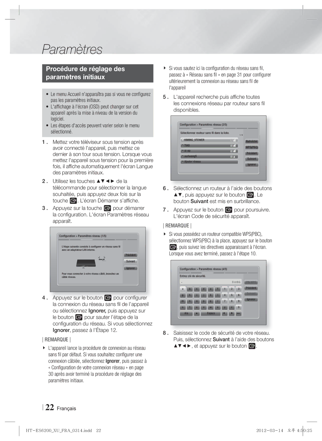 Samsung HT-ES6200/ZF, HT-ES6200/XN, HT-ES6600/XN, HT-ES6200/EN, HT-ES6600/EN Procédure de réglage des Paramètres initiaux 