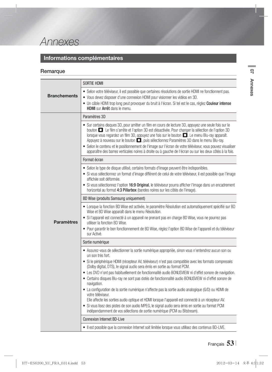 Samsung HT-ES6600/ZF, HT-ES6200/XN, HT-ES6600/XN Annexes, Informations complémentaires, Remarque, Sortie Hdmi, Paramètres 