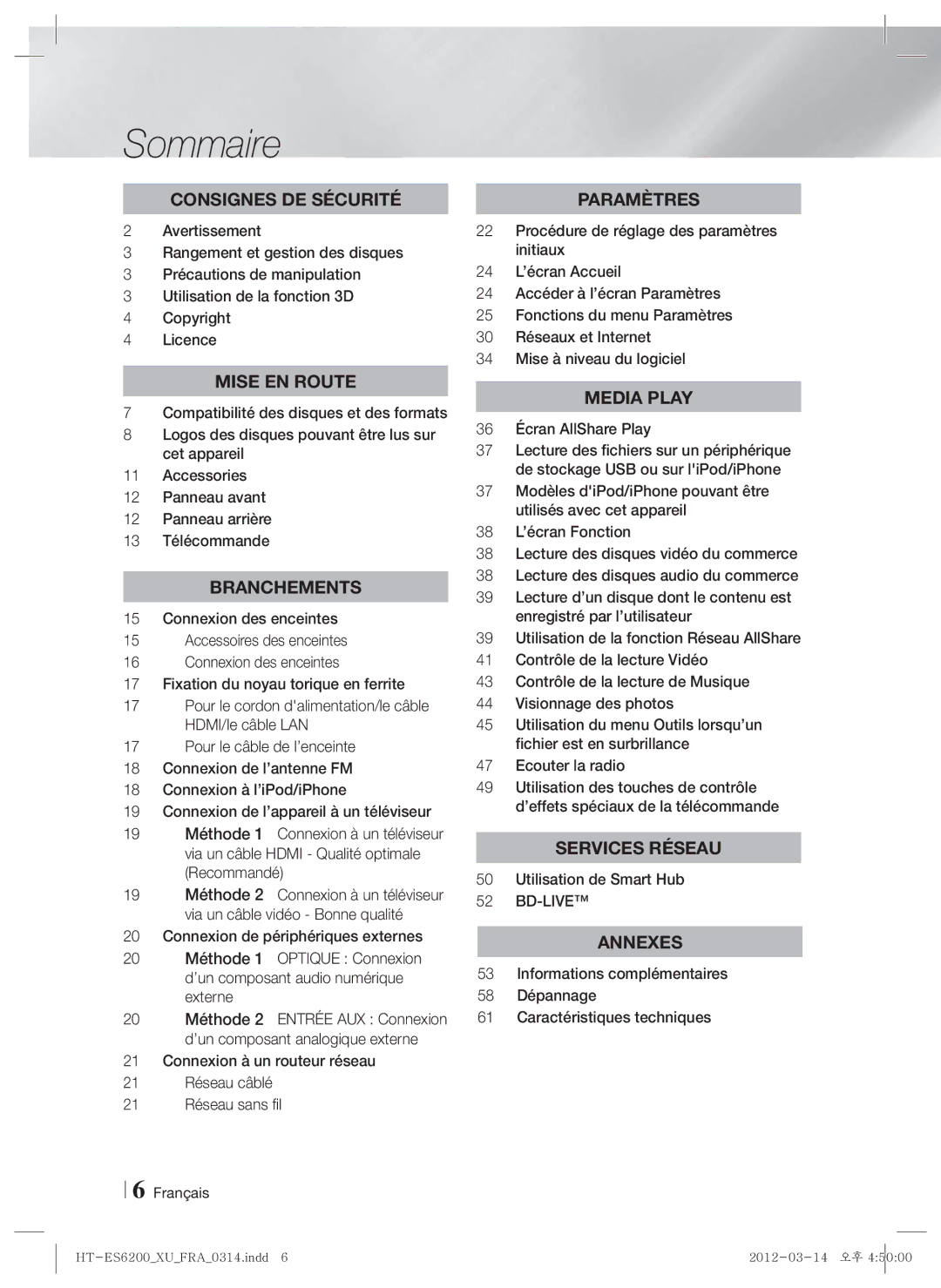 Samsung HT-ES6200/XN, HT-ES6600/XN, HT-ES6200/EN manual Sommaire, 36 Écran AllShare Play, Utilisation de Smart Hub, Bd-Live 