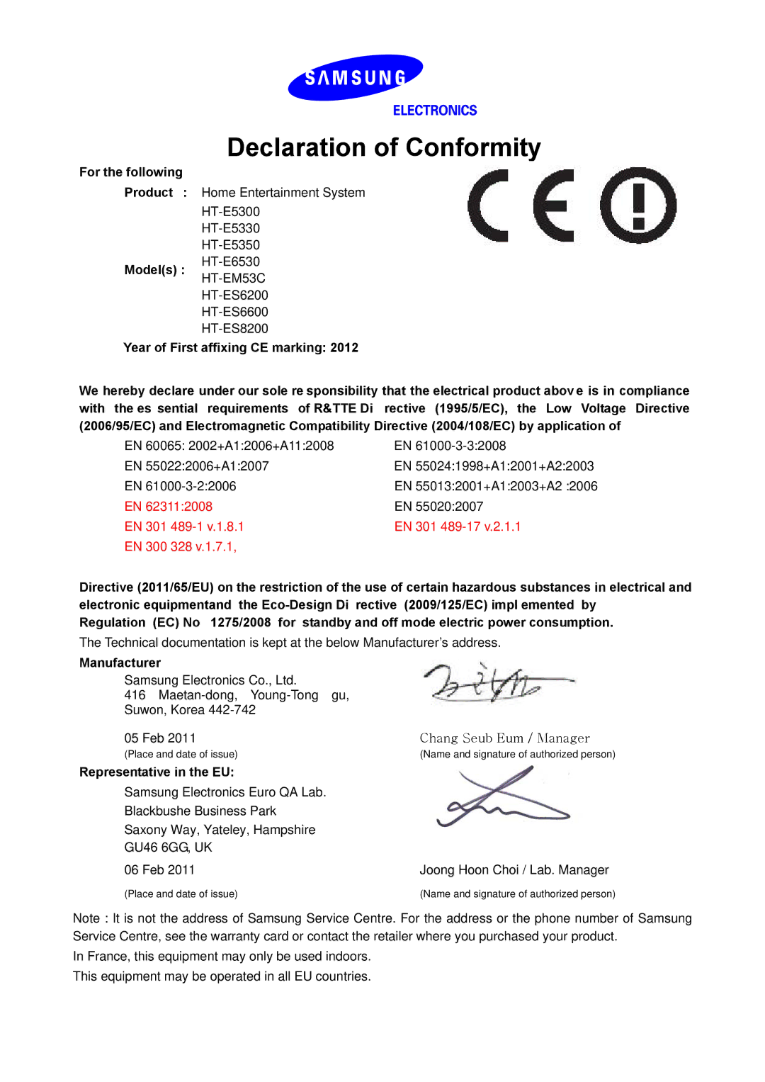 Samsung HT-ES6600/XN, HT-ES6200/XN manual Declaration of Conformity, For the following Product Models, Manufacturer 