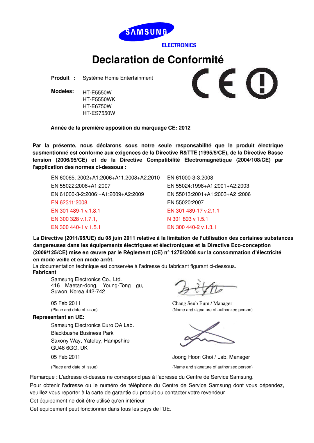 Samsung HT-E6750W/ZF, HT-ES6200/ZF manual Declaration de Conformité, Produit Modeles, Fabricant, Representant en UE 