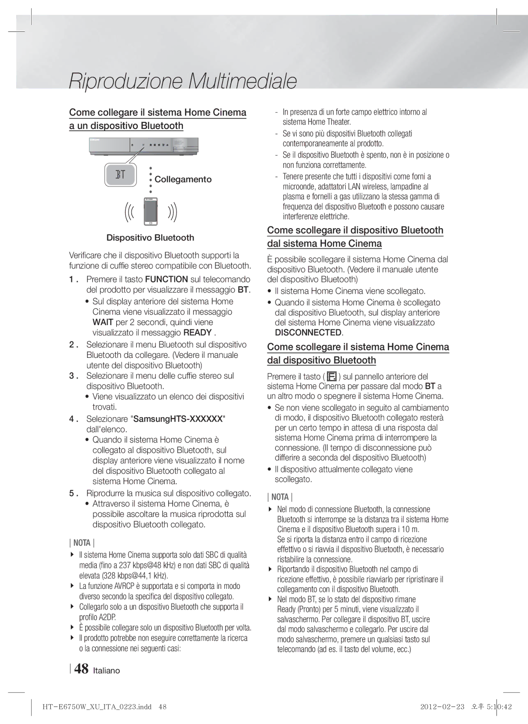 Samsung HT-E6750W/ZF, HT-ES6200/ZF manual Collegamento Dispositivo Bluetooth, Disconnected 