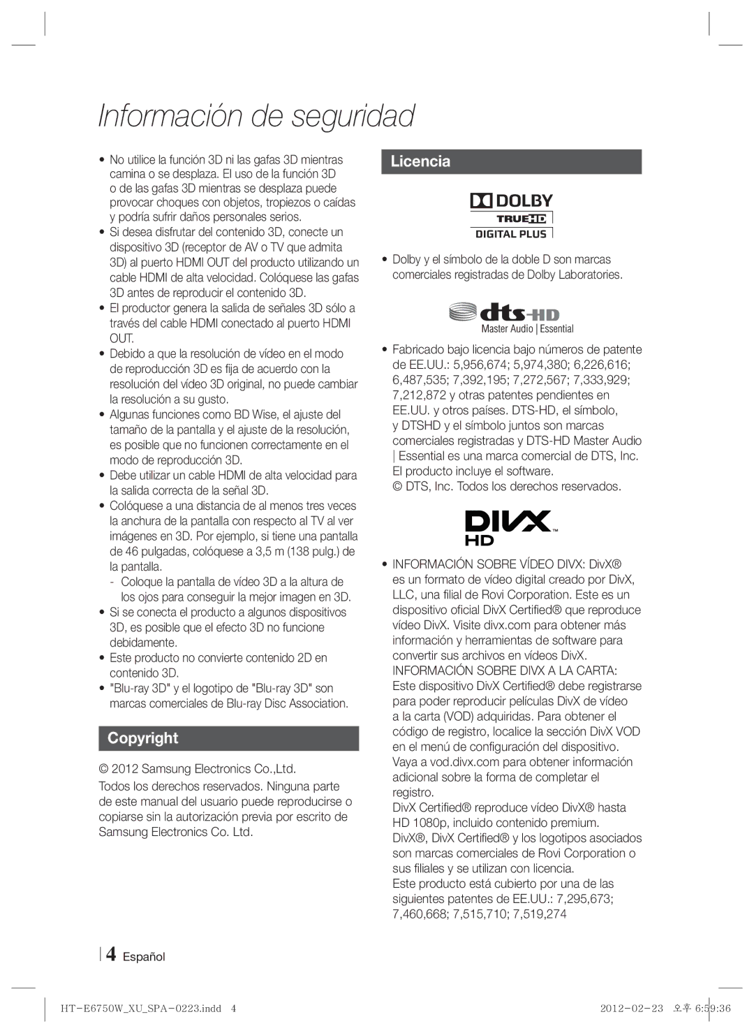 Samsung HT-ES6200/ZF, HT-E6750W/ZF manual Copyright, Licencia 