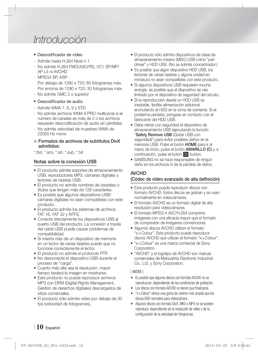 Samsung HT-ES6200/ZF, HT-E6750W/ZF manual Notas sobre la conexión USB, Códec de vídeo avanzado de alta definición 