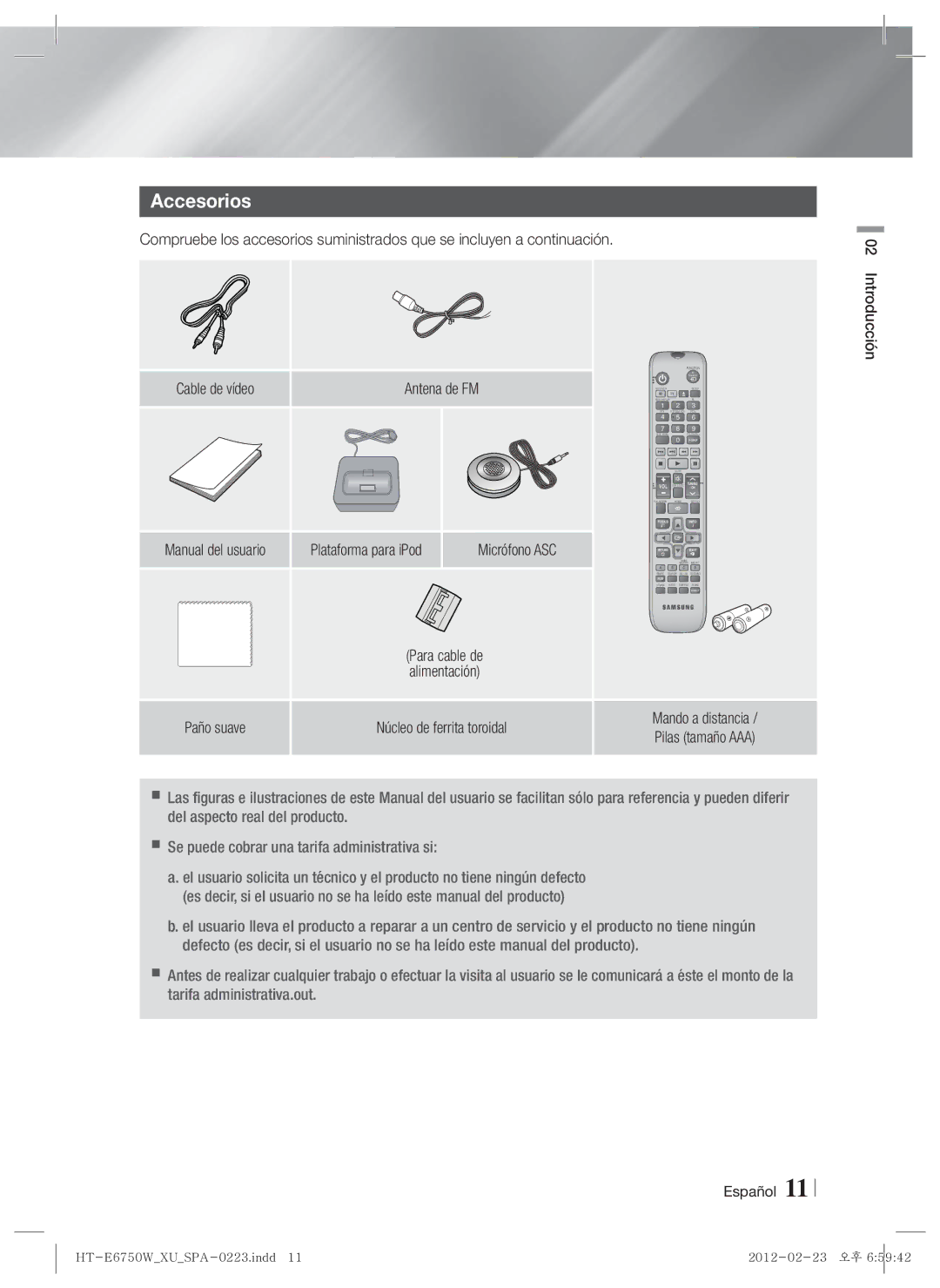 Samsung HT-E6750W/ZF manual Accesorios, Antena de FM, Plataforma para iPod Micrófono ASC, Para cable de Alimentación 