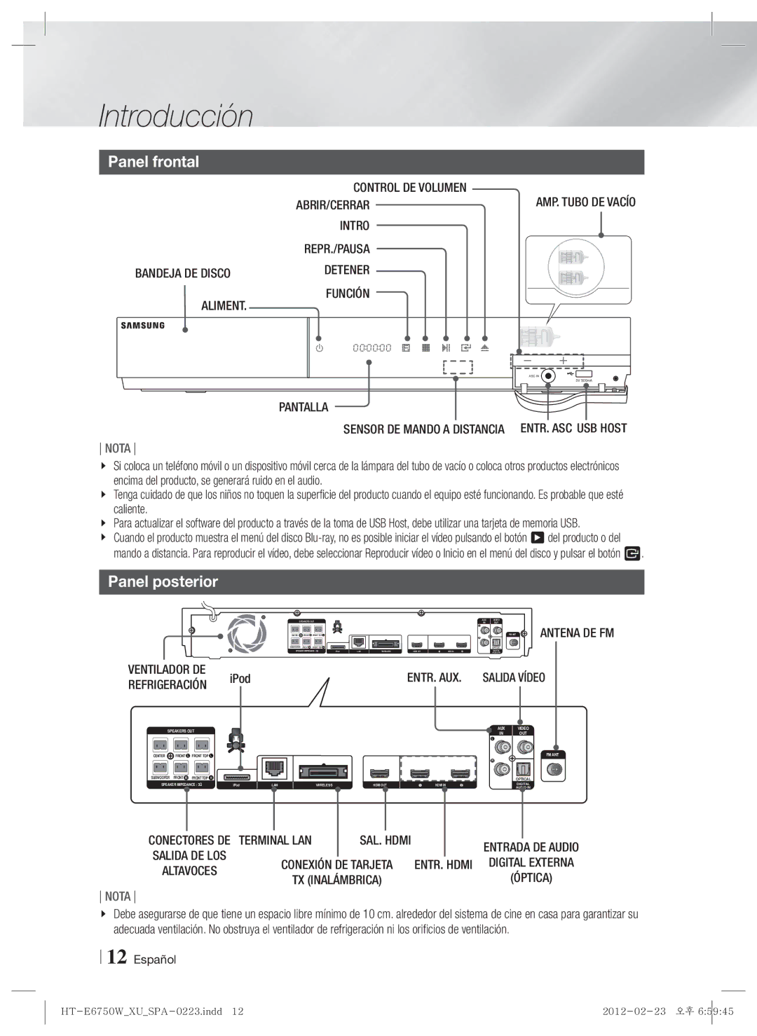 Samsung HT-ES6200/ZF, HT-E6750W/ZF manual Panel frontal, Panel posterior 