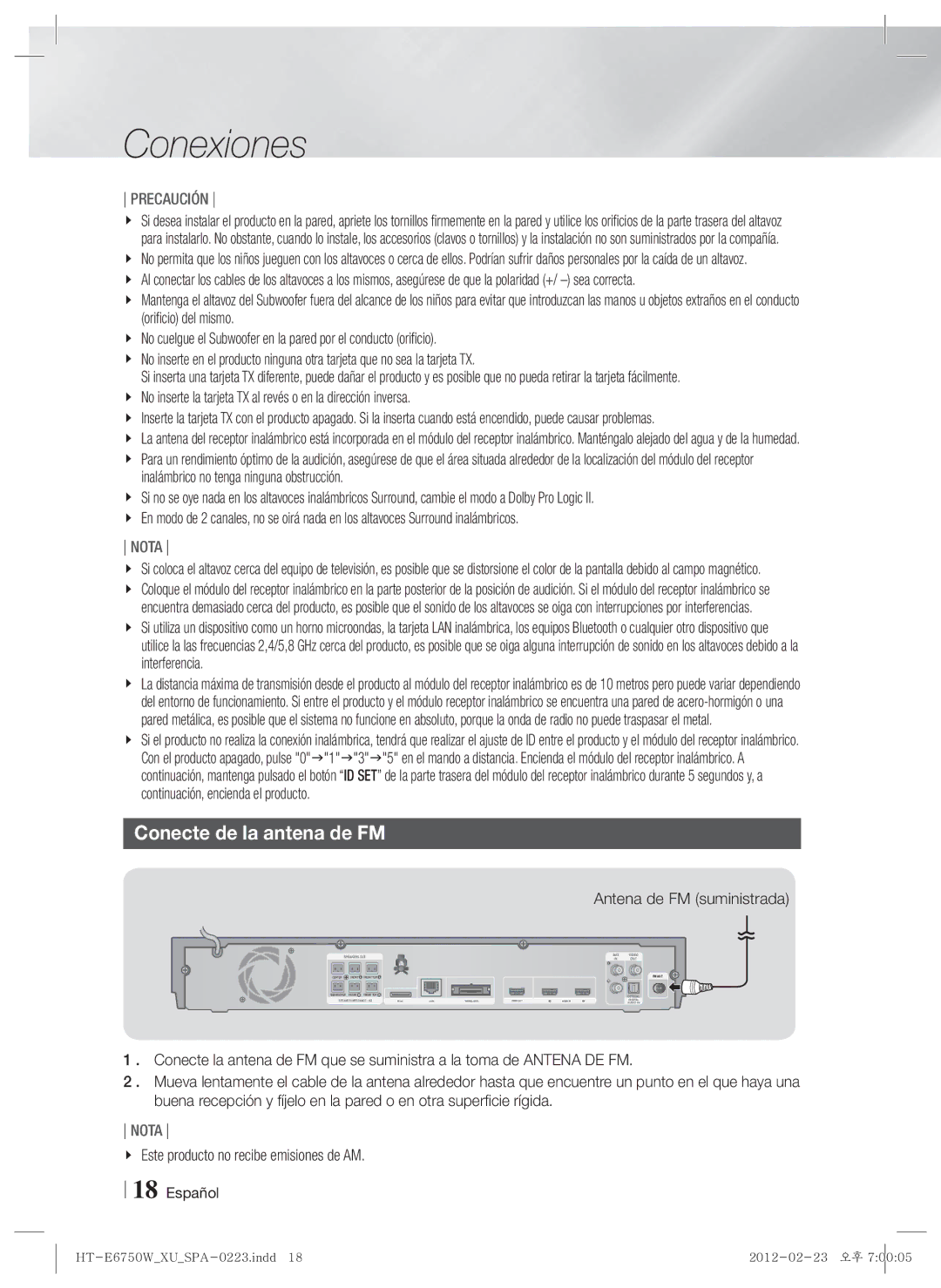 Samsung HT-ES6200/ZF manual Conecte de la antena de FM, Antena de FM suministrada, Este producto no recibe emisiones de AM 