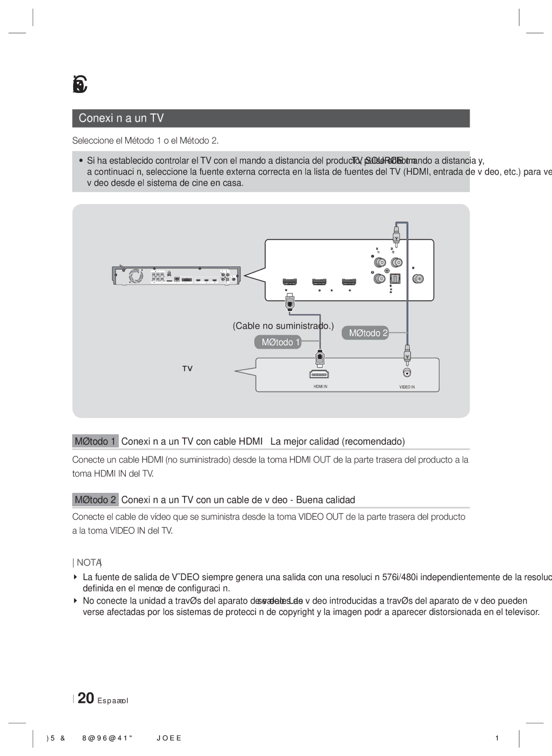 Samsung HT-ES6200/ZF, HT-E6750W/ZF manual Conexión a un TV, Seleccione el Método 1 o el Método, Cable no suministrado 