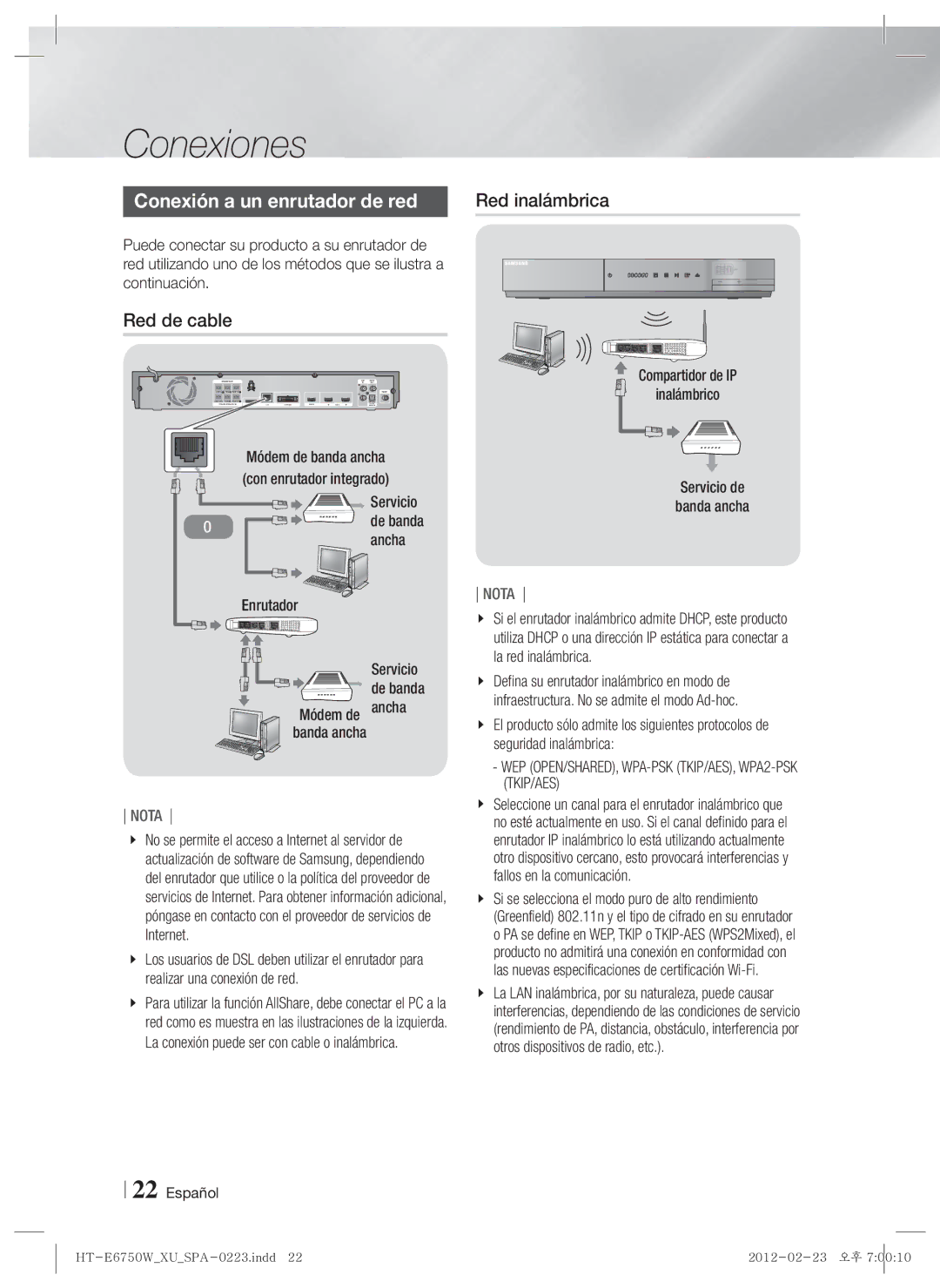Samsung HT-ES6200/ZF, HT-E6750W/ZF manual Conexión a un enrutador de red, Red de cable 