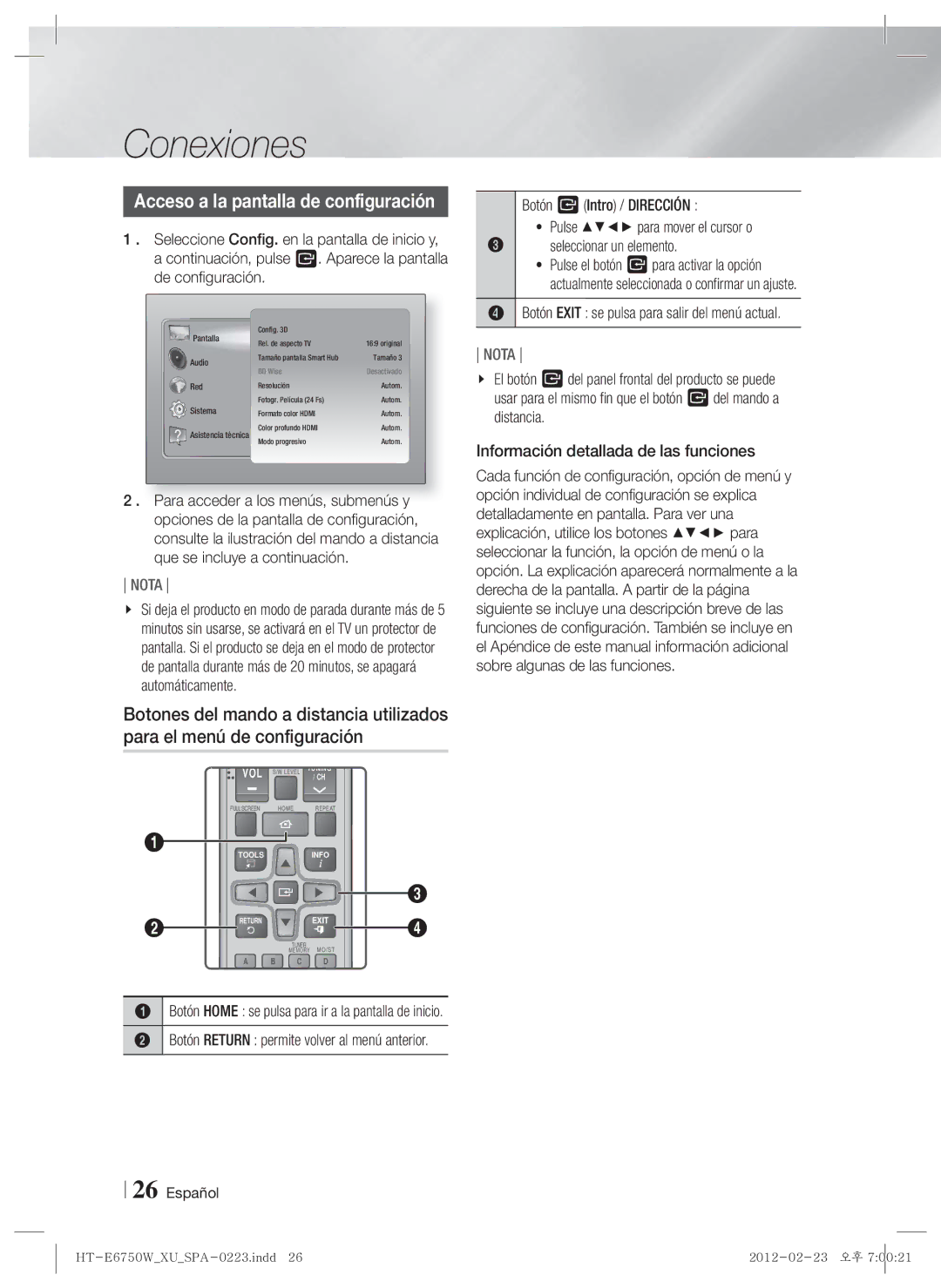 Samsung HT-ES6200/ZF, HT-E6750W/ZF Acceso a la pantalla de configuración, Botón Exit se pulsa para salir del menú actual 