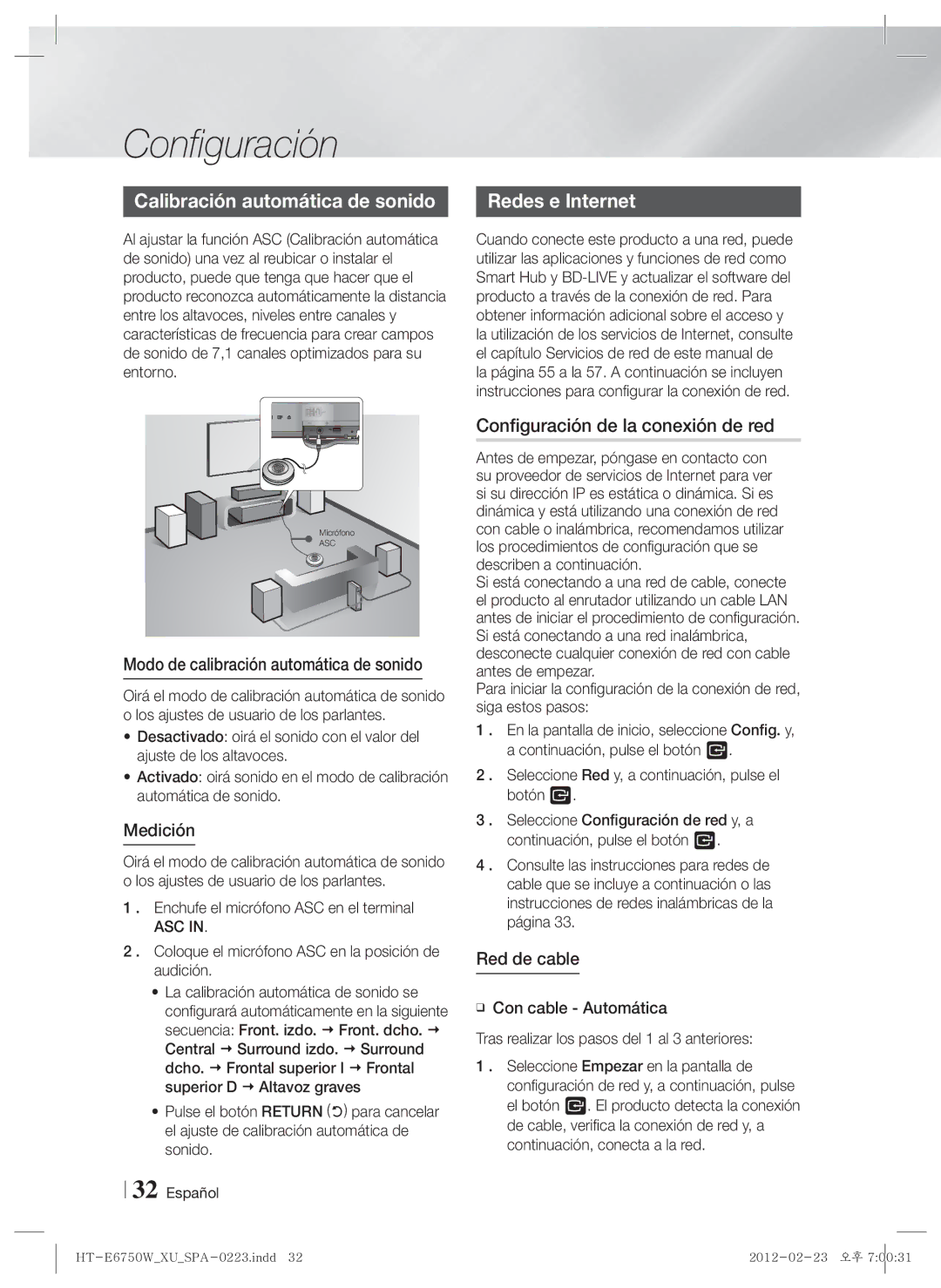 Samsung HT-ES6200/ZF manual Calibración automática de sonido, Configuración de la conexión de red, Medición, Red de cable 