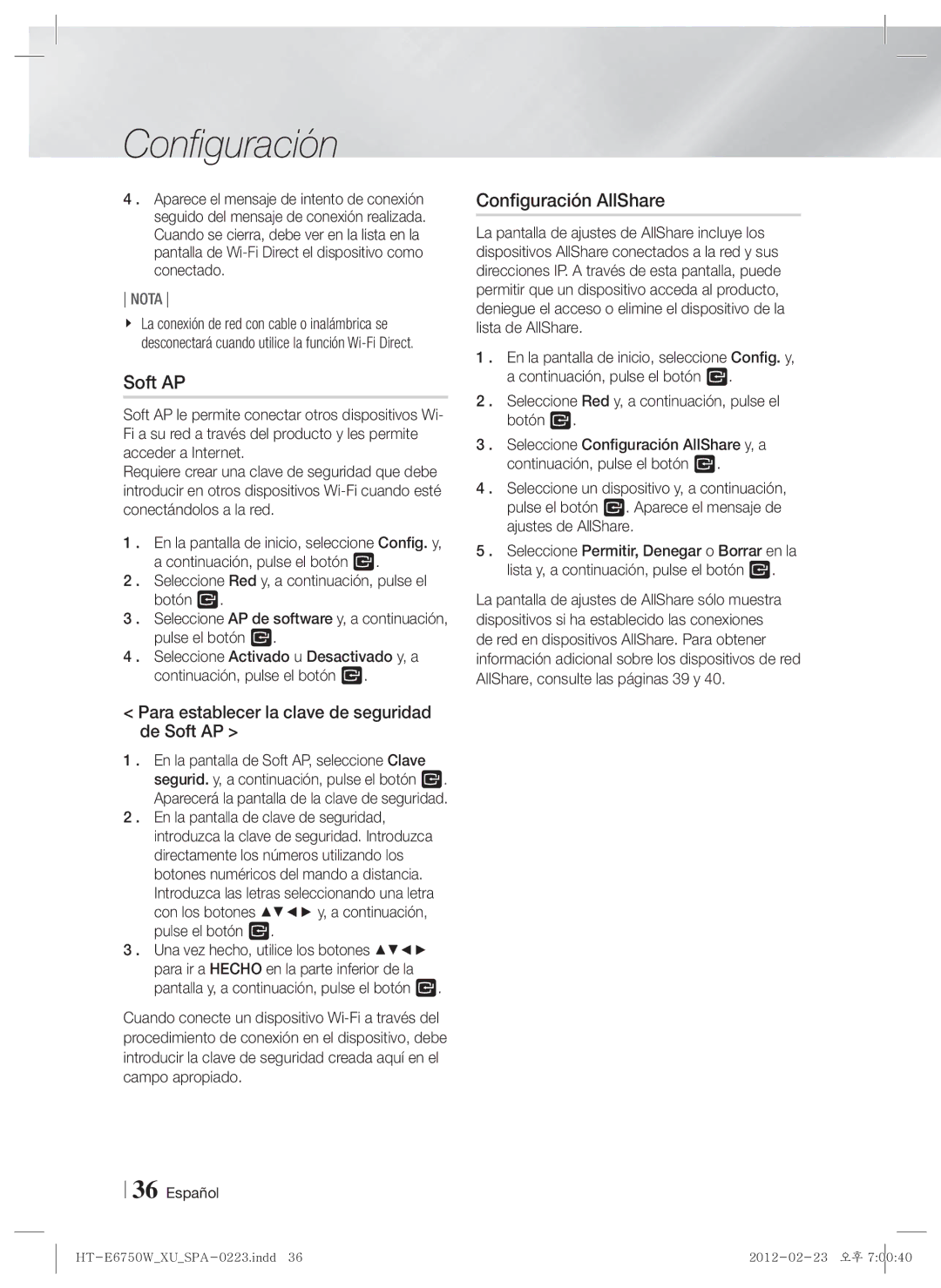 Samsung HT-ES6200/ZF, HT-E6750W/ZF manual Configuración AllShare, Para establecer la clave de seguridad de Soft AP 