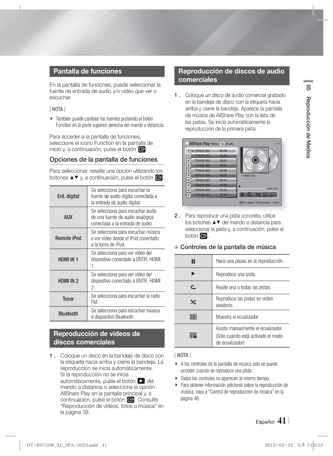 Samsung HT-E6750W/ZF manual Pantalla de funciones, Opciones de la pantalla de funciones, Controles de la pantalla de música 