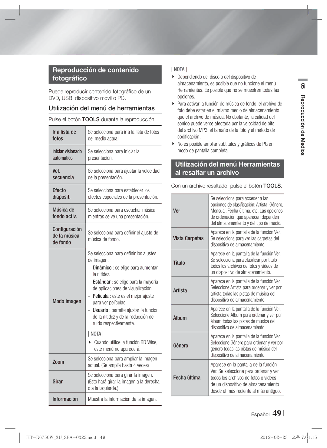 Samsung HT-E6750W/ZF, HT-ES6200/ZF manual Reproducción de contenido Fotográfico, Utilización del menú de herramientas 