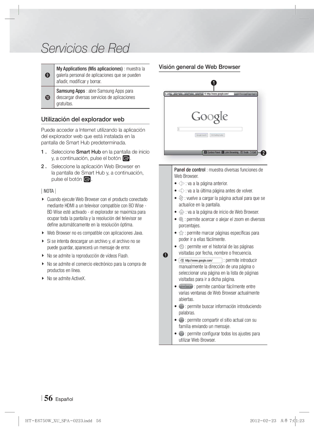 Samsung HT-ES6200/ZF, HT-E6750W/ZF manual Utilización del explorador web, Visión general de Web Browser 