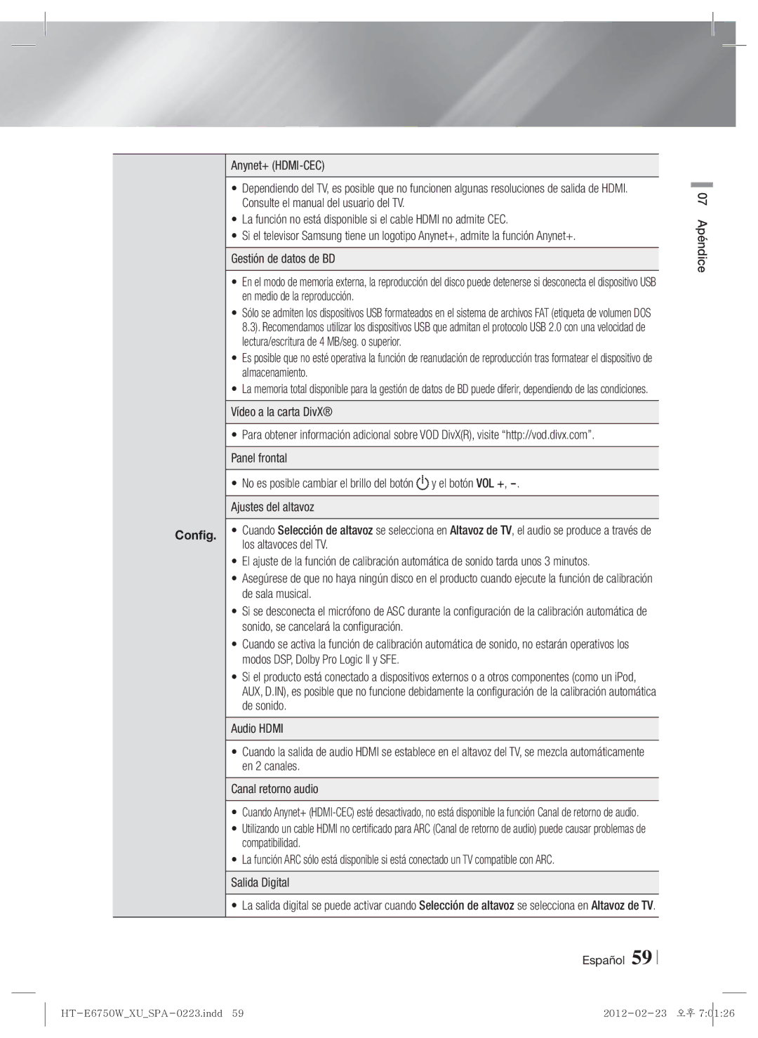 Samsung HT-E6750W/ZF, HT-ES6200/ZF manual Config 