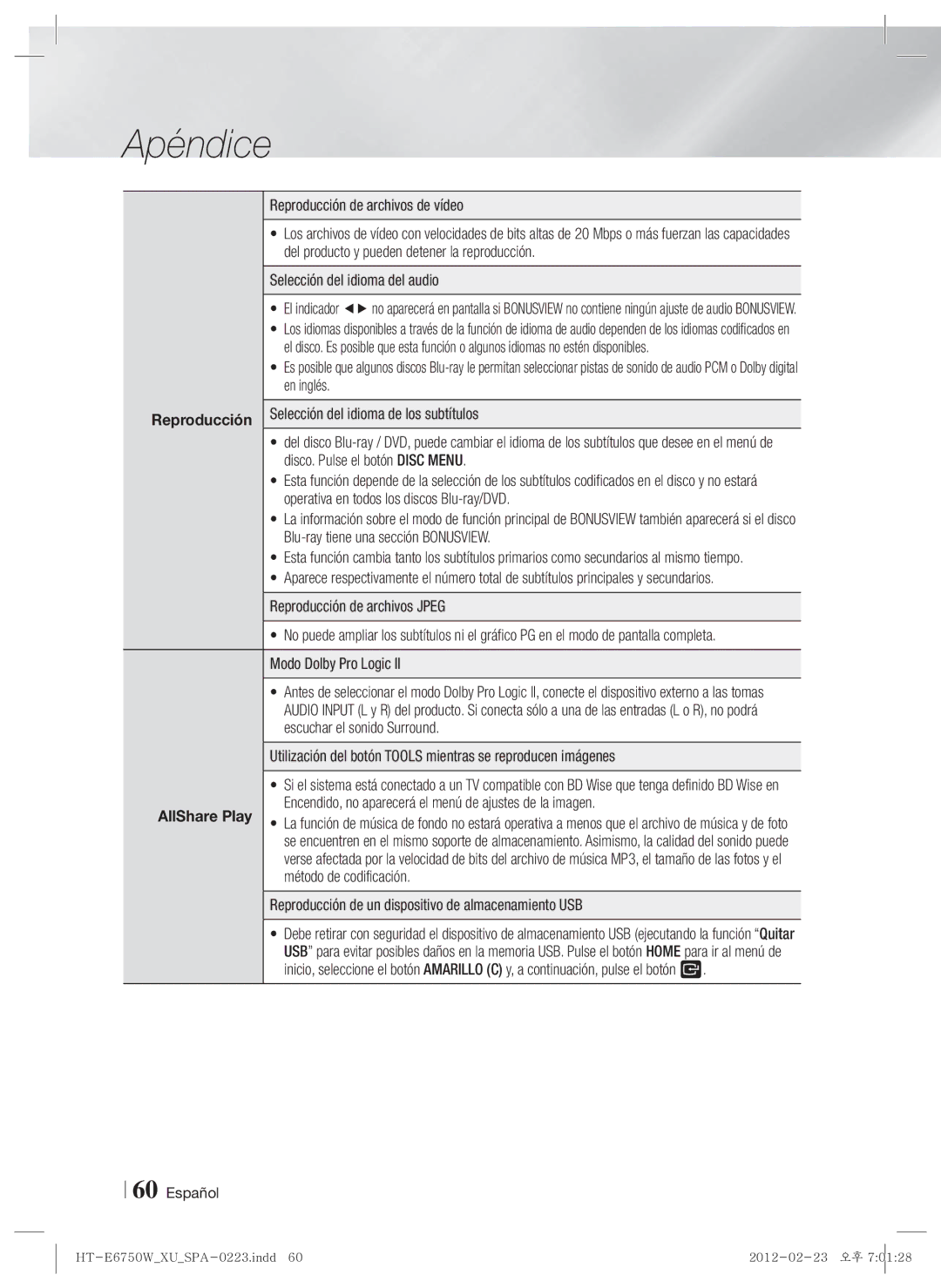 Samsung HT-ES6200/ZF manual Reproducción de archivos de vídeo, Del producto y pueden detener la reproducción, En inglés 