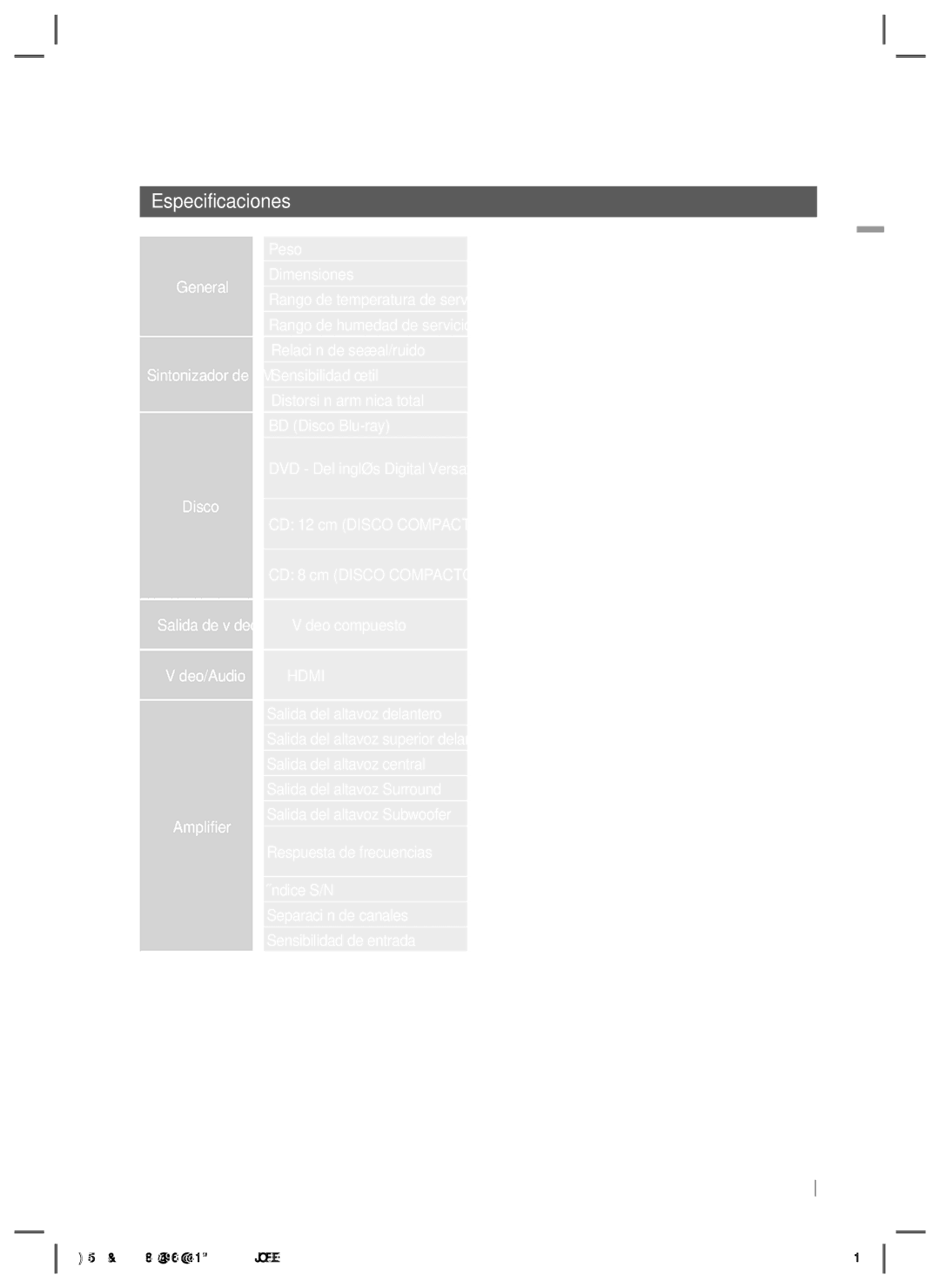 Samsung HT-E6750W/ZF, HT-ES6200/ZF manual Especificaciones 