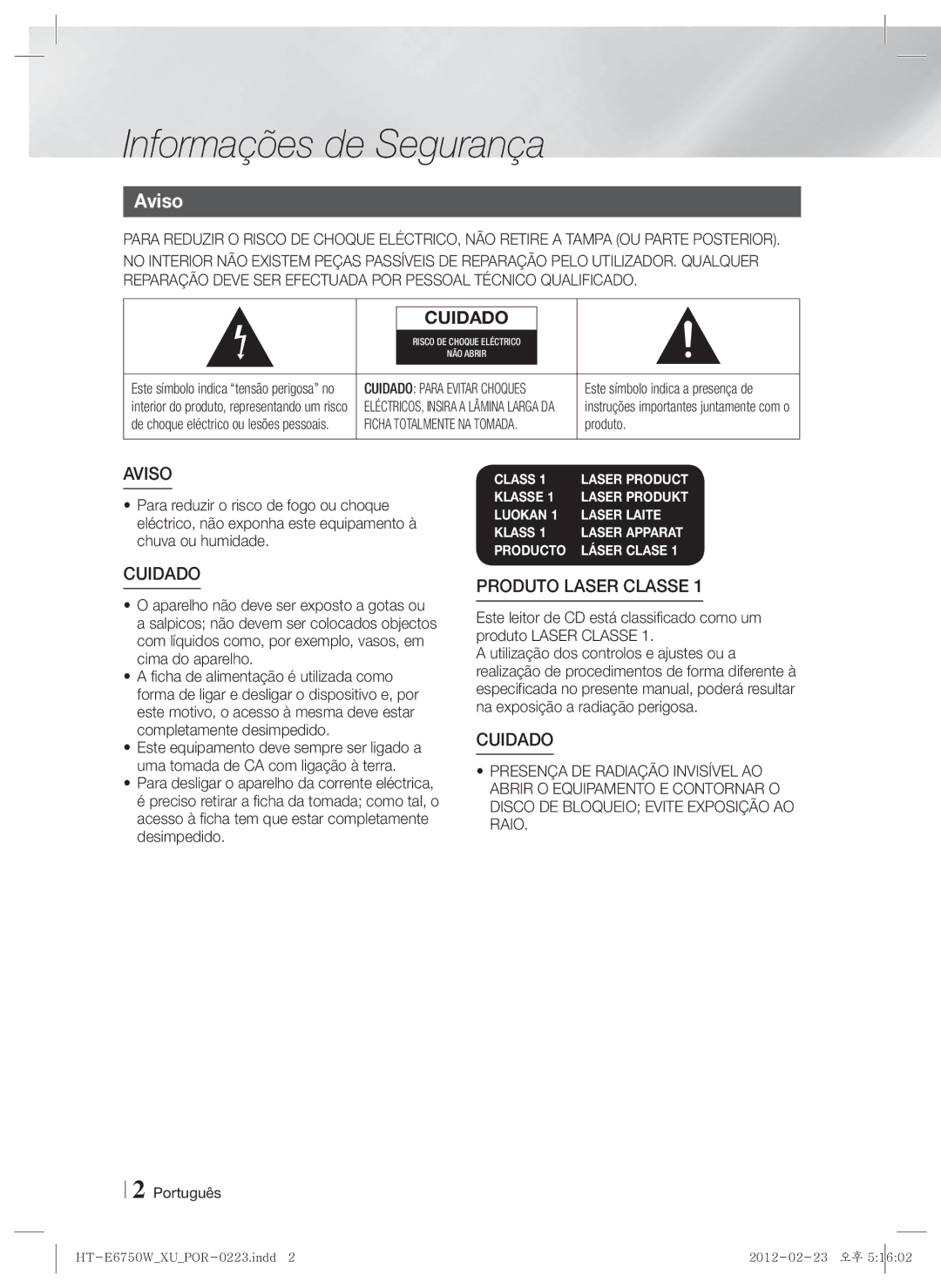 Samsung HT-E6750W/ZF, HT-ES6200/ZF Informações de Segurança, Aviso, Produto, Português, Este símbolo indica a presença de 