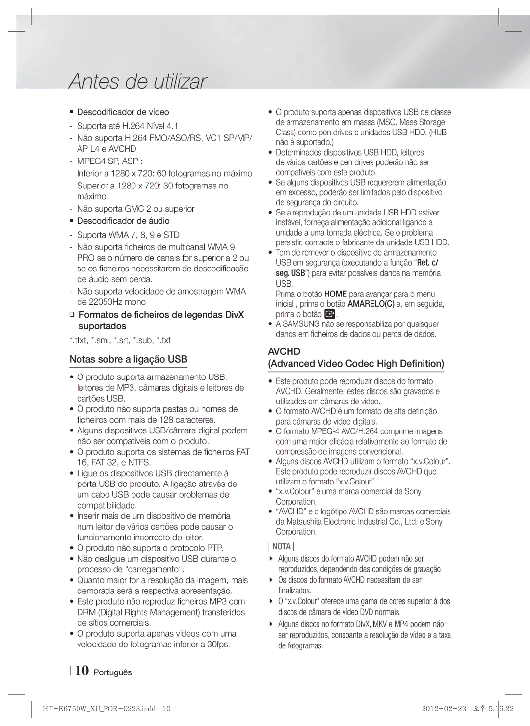 Samsung HT-E6750W/ZF, HT-ES6200/ZF manual Notas sobre a ligação USB, Colour é uma marca comercial da Sony Corporation 