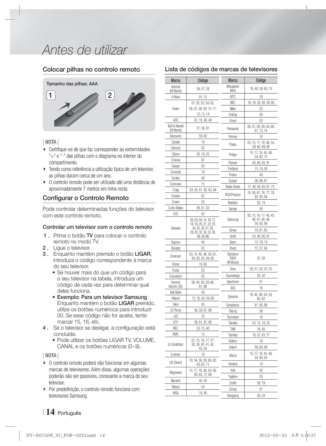 Samsung HT-E6750W/ZF Colocar pilhas no controlo remoto, Configurar o Controlo Remoto, Tamanho das pilhas AAA, Marca Código 