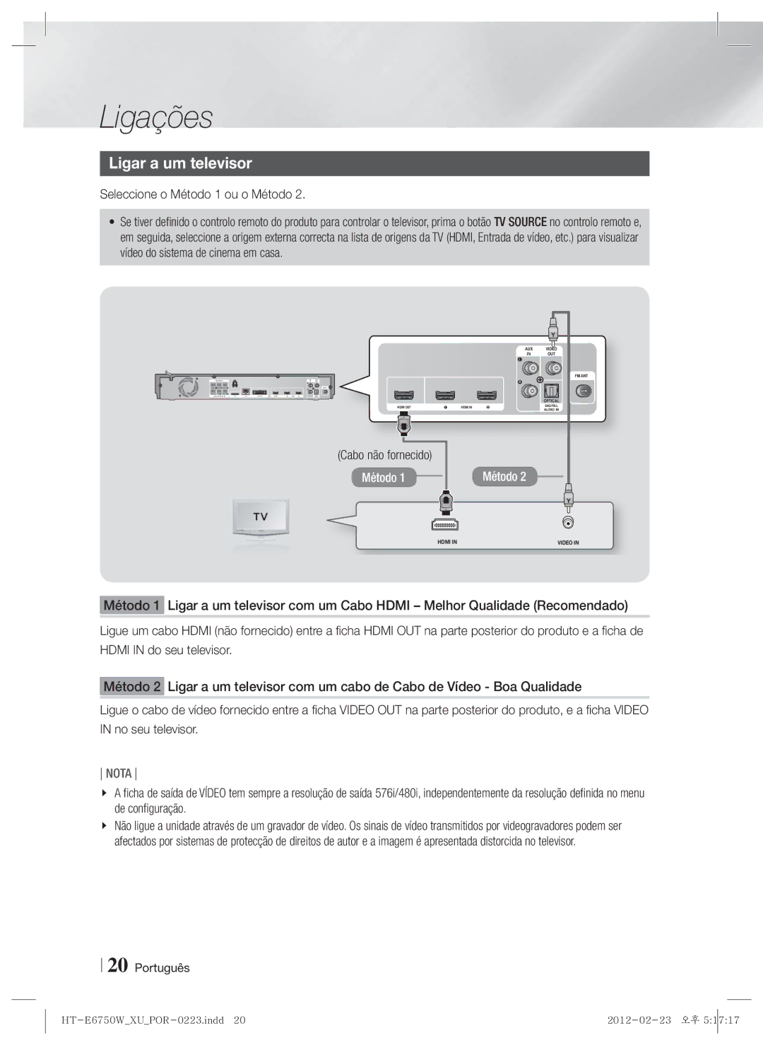 Samsung HT-E6750W/ZF, HT-ES6200/ZF manual Ligar a um televisor, Seleccione o Método 1 ou o Método, Cabo não fornecido 