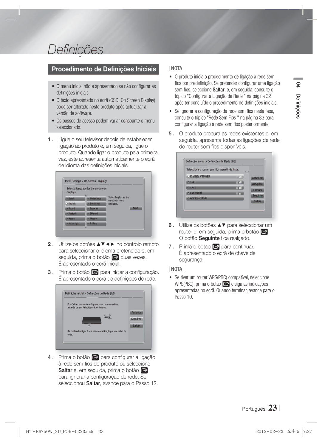 Samsung HT-ES6200/ZF, HT-E6750W/ZF manual Procedimento de Definições Iniciais, Apresentado o ecrã inicial 