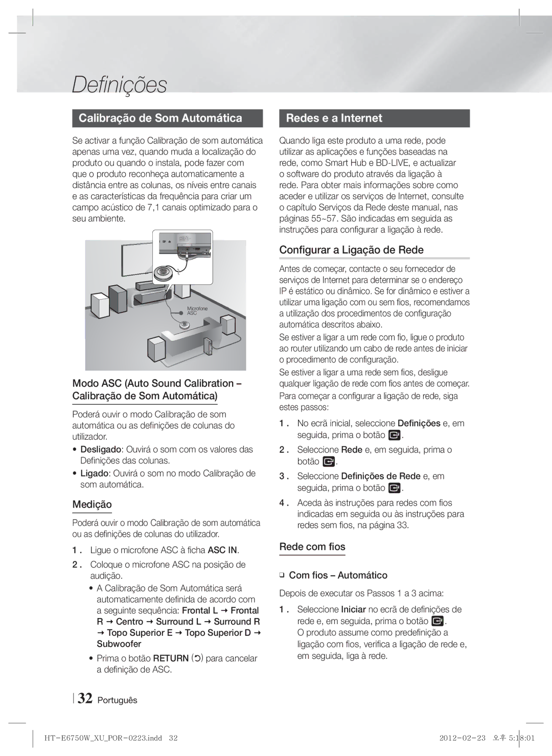 Samsung HT-E6750W/ZF, HT-ES6200/ZF manual Calibração de Som Automática, Configurar a Ligação de Rede, Medição, Rede com fios 