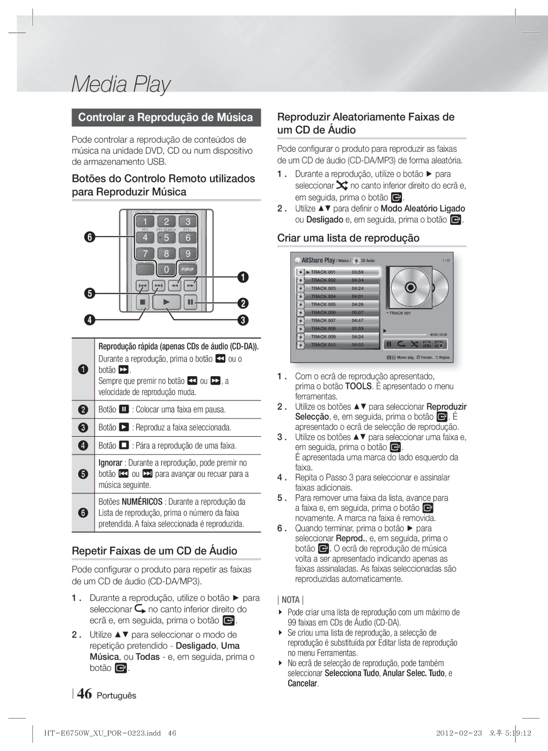 Samsung HT-E6750W/ZF manual Controlar a Reprodução de Música, Botões do Controlo Remoto utilizados para Reproduzir Música 