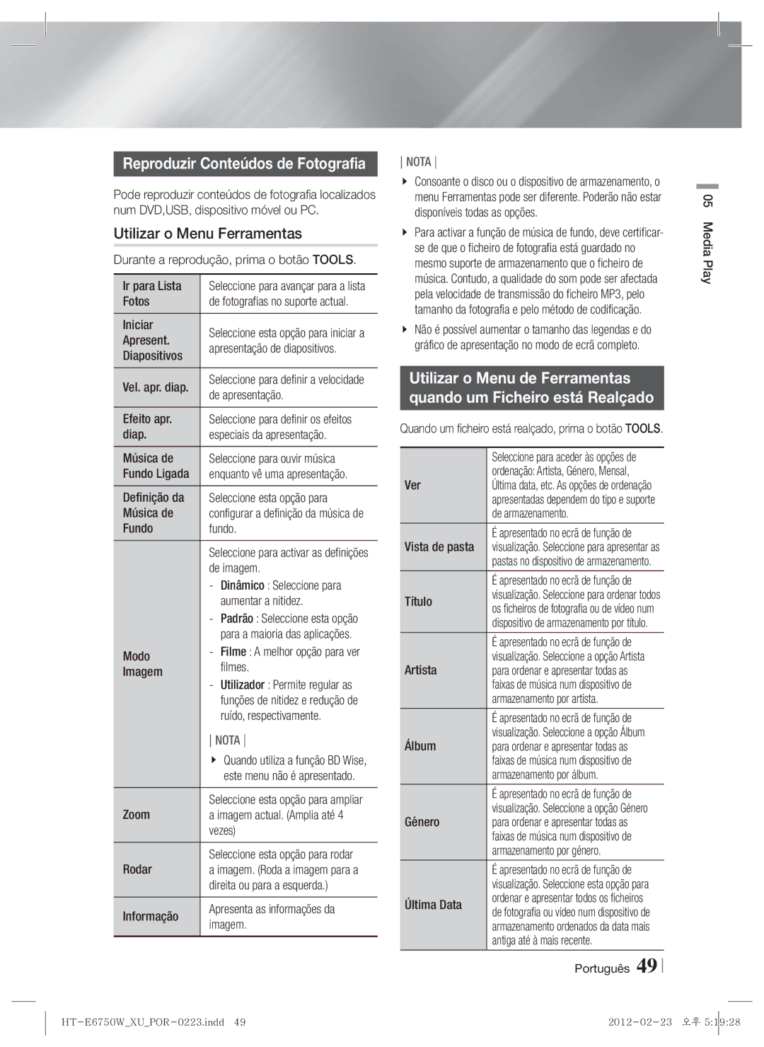 Samsung HT-ES6200/ZF, HT-E6750W/ZF manual Reproduzir Conteúdos de Fotografia 