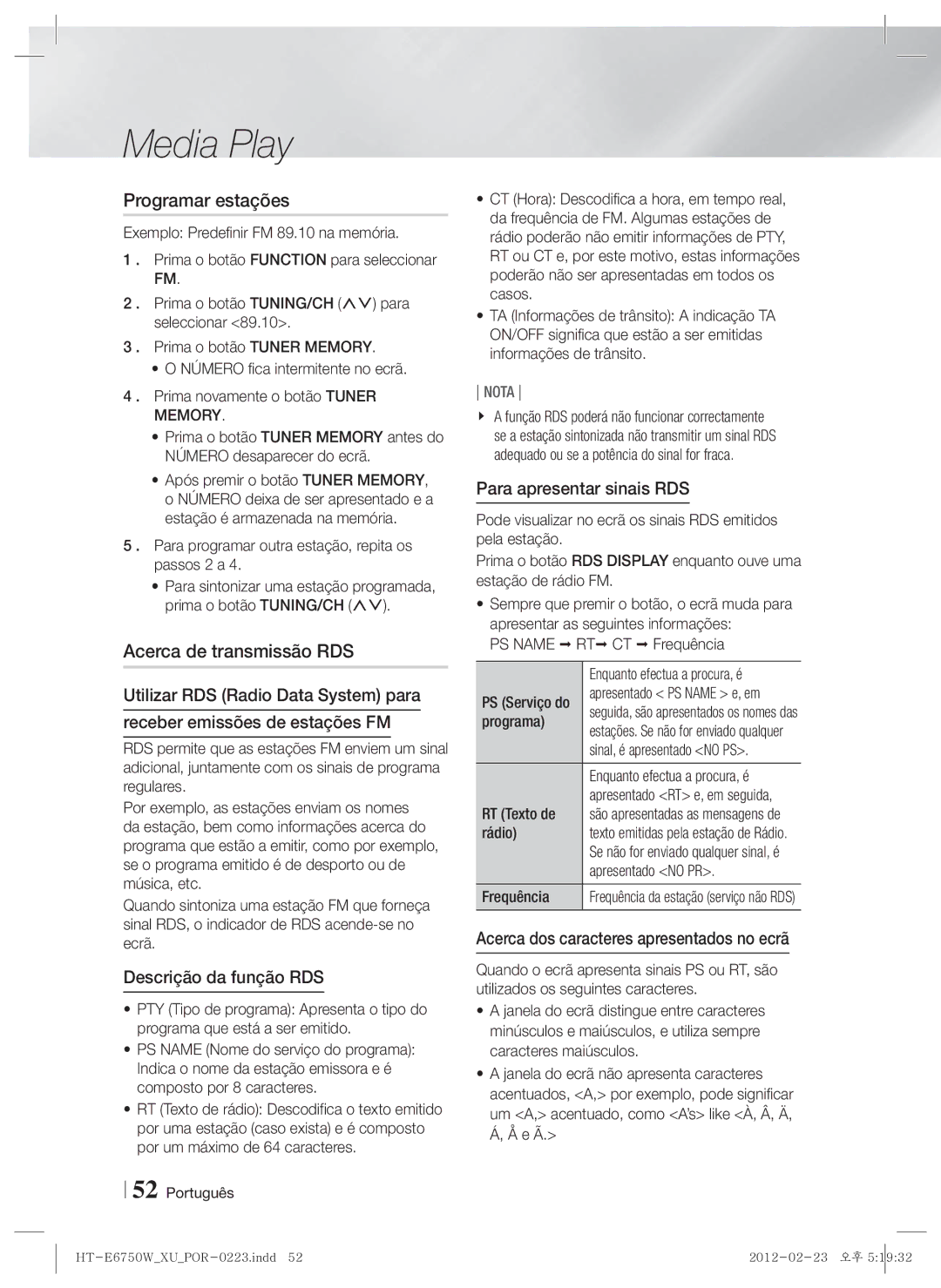 Samsung HT-E6750W/ZF Programar estações, Acerca de transmissão RDS, Descrição da função RDS, Para apresentar sinais RDS 