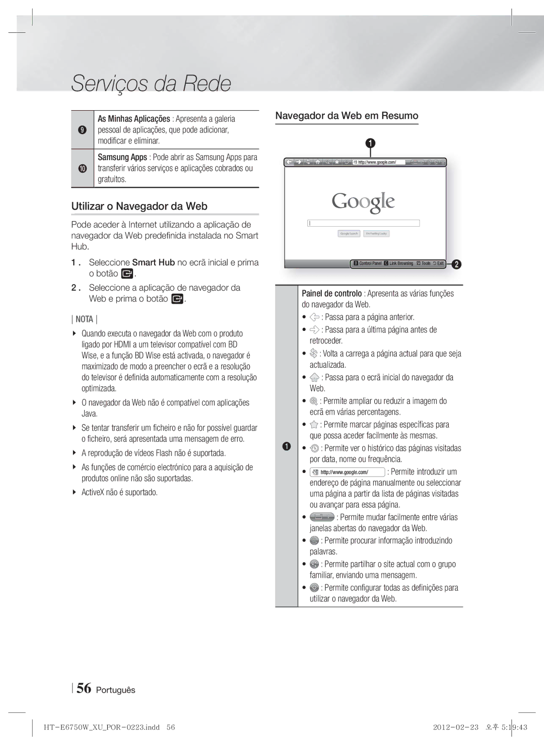 Samsung HT-E6750W/ZF, HT-ES6200/ZF manual Utilizar o Navegador da Web, Navegador da Web em Resumo 