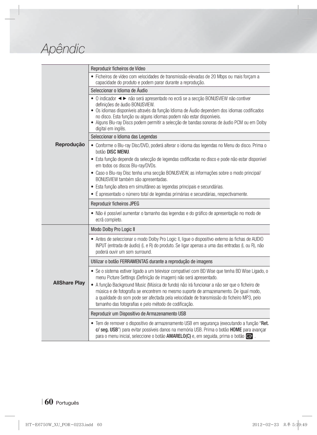 Samsung HT-E6750W/ZF, HT-ES6200/ZF manual Reproduzir ficheiros de Vídeo, Reproduzir um Dispositivo de Armazenamento USB 