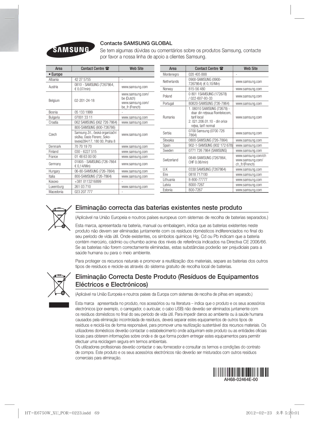 Samsung HT-ES6200/ZF, HT-E6750W/ZF manual Eliminação correcta das baterias existentes neste produto, Contacte Samsung Global 