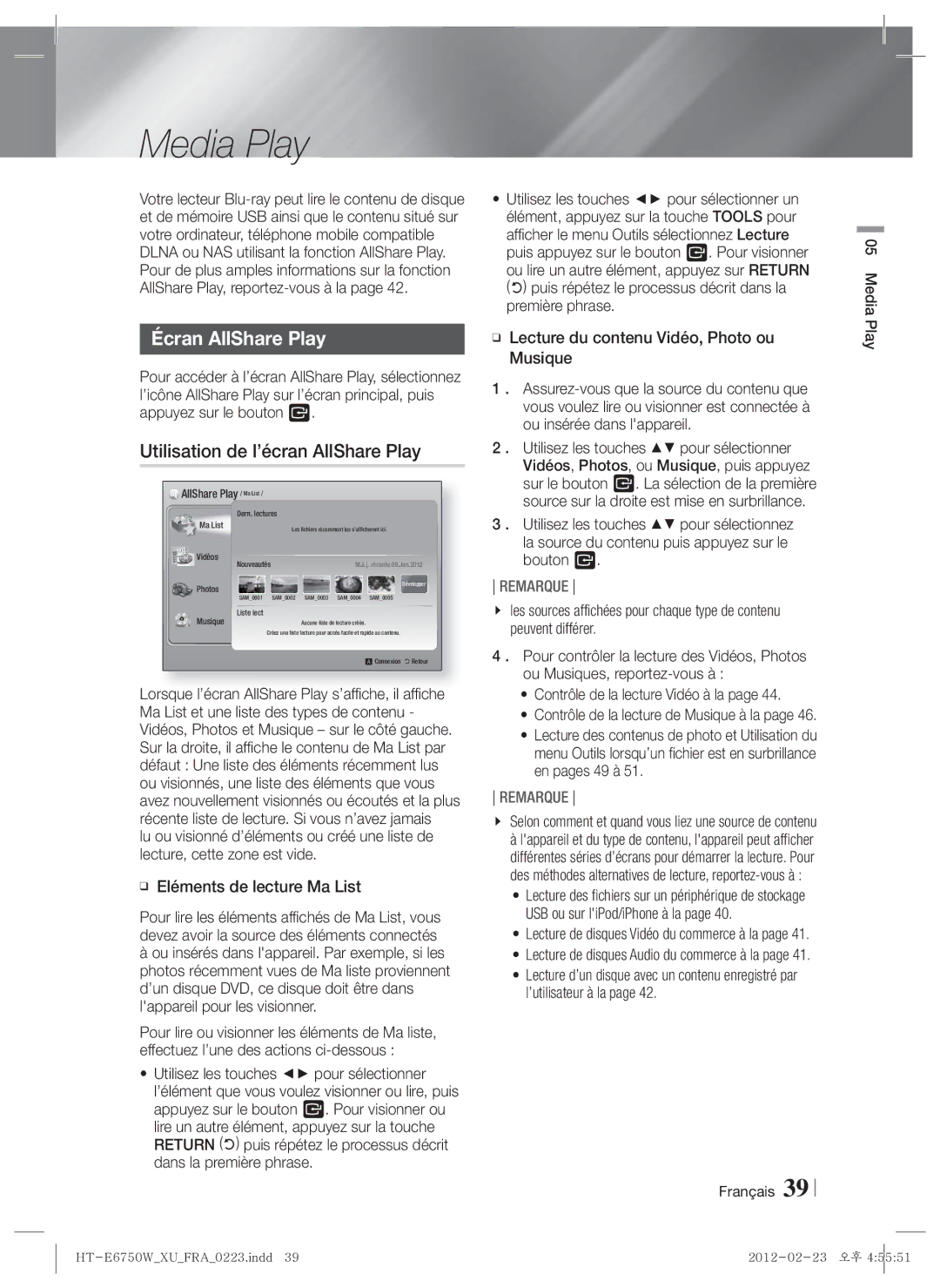 Samsung HT-E6750W/ZF, HT-ES6200/ZF manual Media Play, Écran AllShare Play, Utilisation de l’écran AllShare Play 