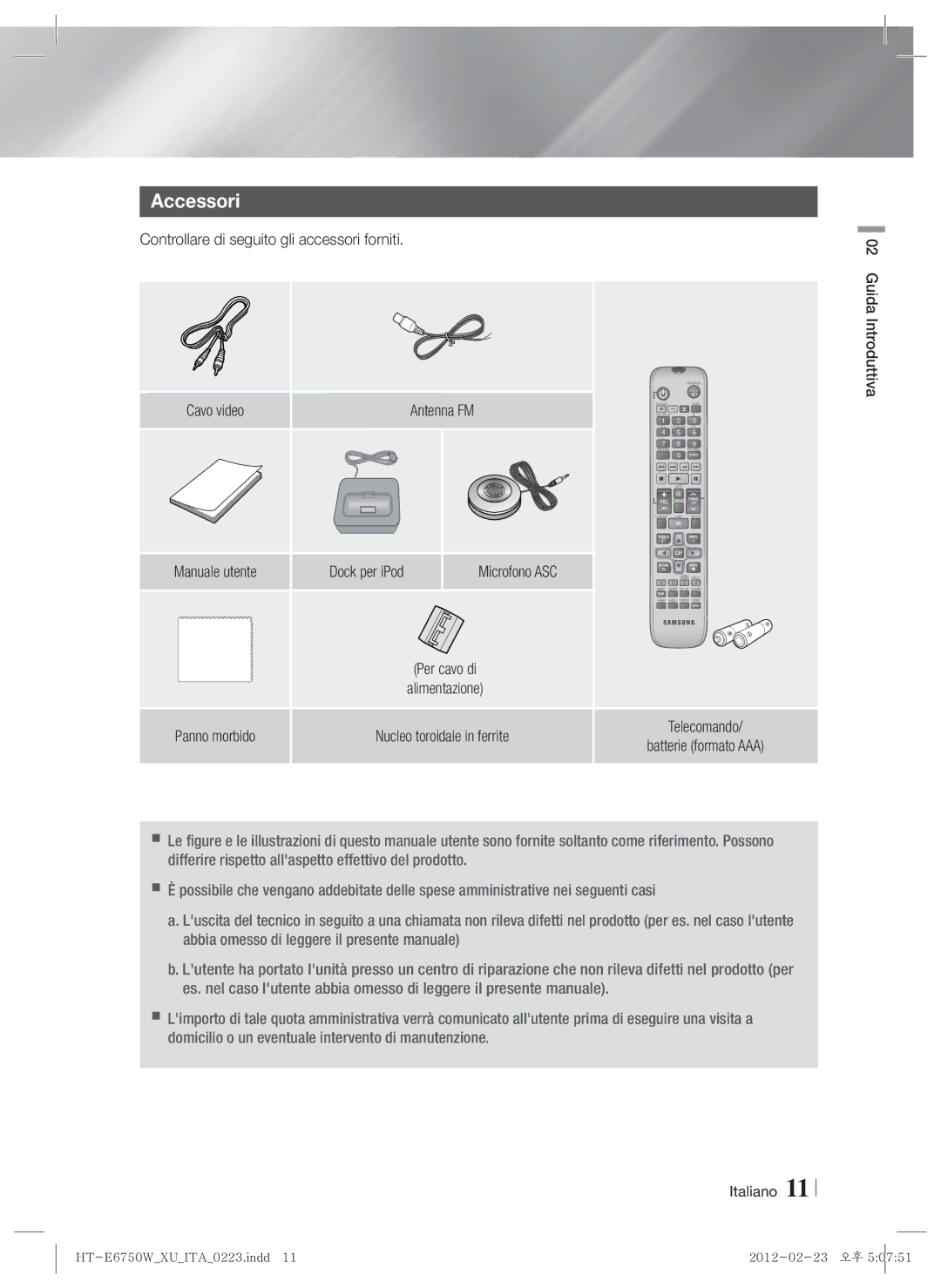 Samsung HT-ES6200/ZF Accessori, Controllare di seguito gli accessori forniti, Microfono ASC, Guida Introduttiva Italiano 