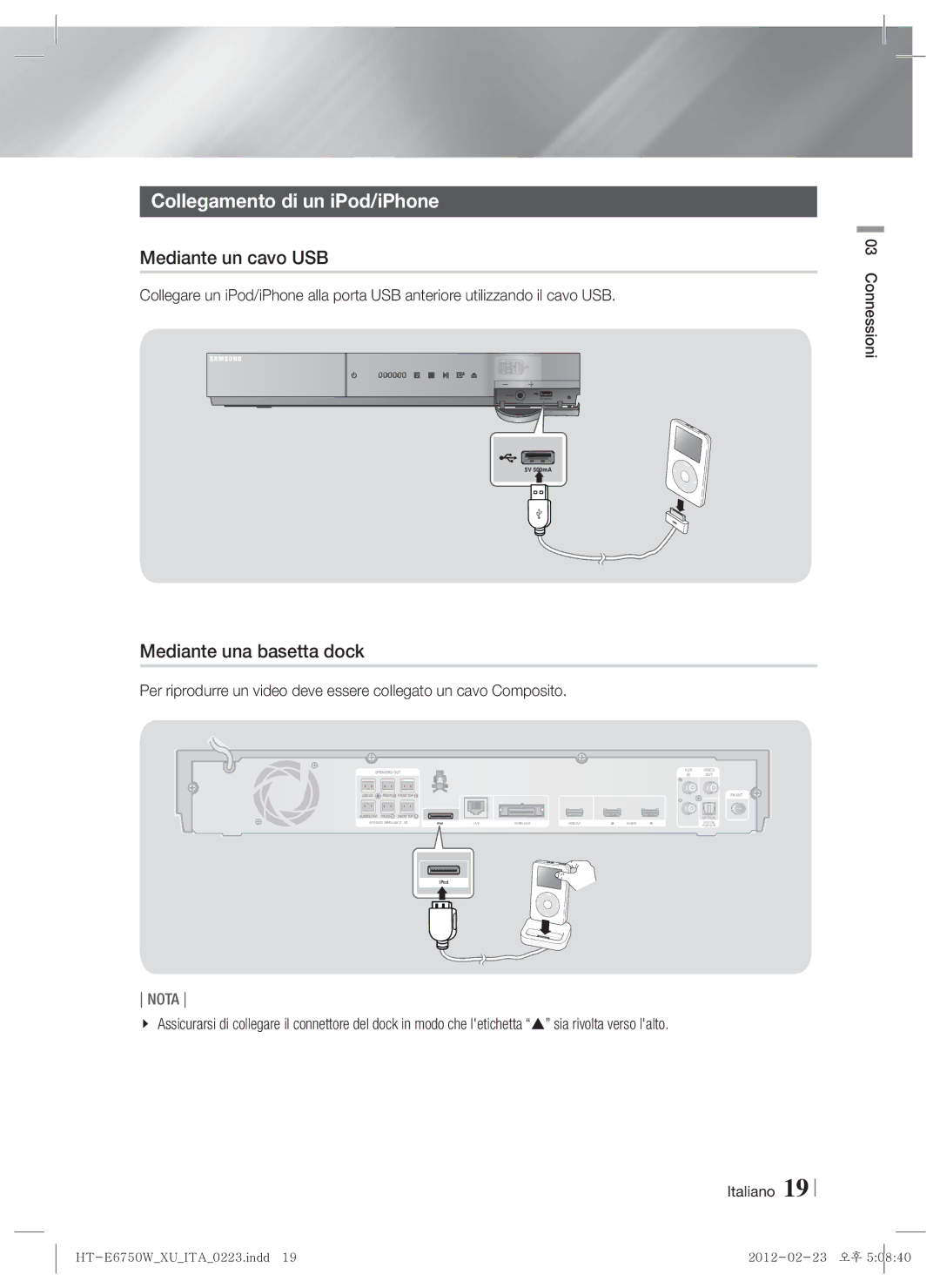 Samsung HT-ES6200/ZF, HT-E6750W/ZF manual Collegamento di un iPod/iPhone, Mediante un cavo USB, Mediante una basetta dock 