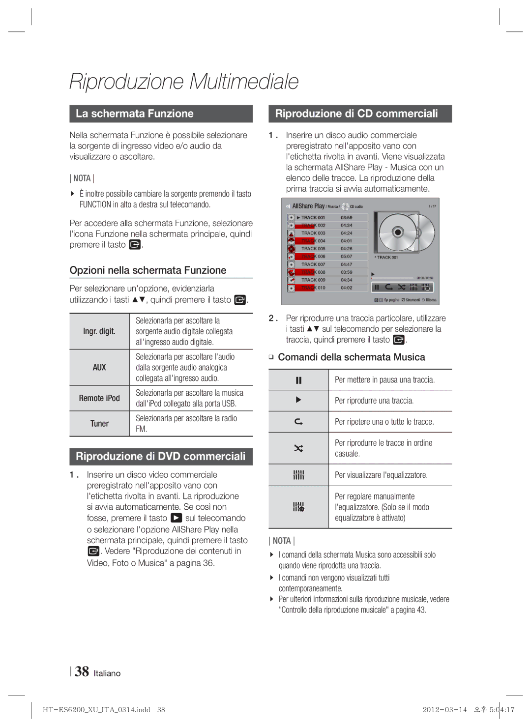 Samsung HT-ES6200/ZF, HT-ES6600/ZF La schermata Funzione, Opzioni nella schermata Funzione, Riproduzione di CD commerciali 