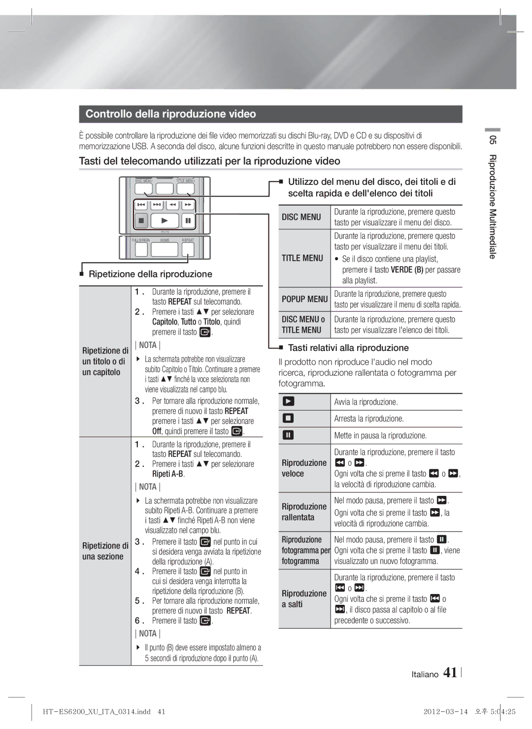 Samsung HT-ES6600/ZF manual Controllo della riproduzione video, Tasti del telecomando utilizzati per la riproduzione video 