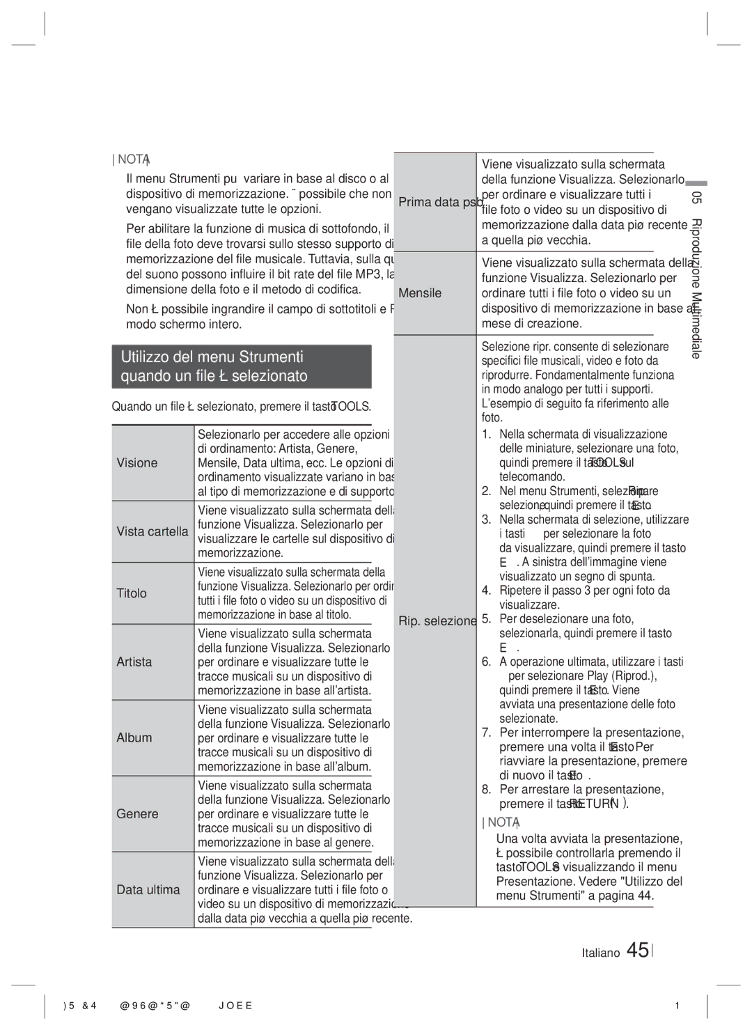 Samsung HT-ES6600/ZF, HT-ES6200/ZF manual Utilizzo del menu Strumenti Quando un file è selezionato 