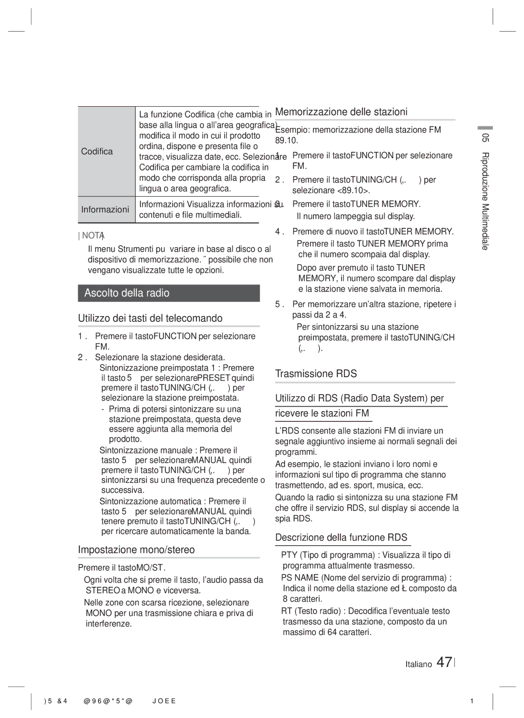 Samsung HT-ES6600/ZF Ascolto della radio, Utilizzo dei tasti del telecomando, Impostazione mono/stereo, Trasmissione RDS 