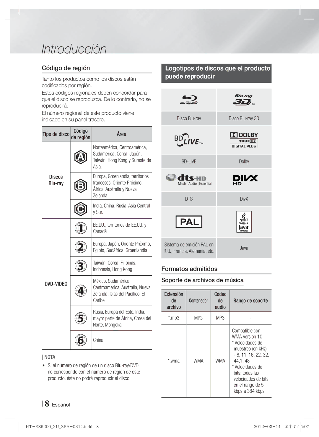 Samsung HT-ES6200/ZF manual Código de región, Logotipos de discos que el producto Puede reproducir, Formatos admitidos 