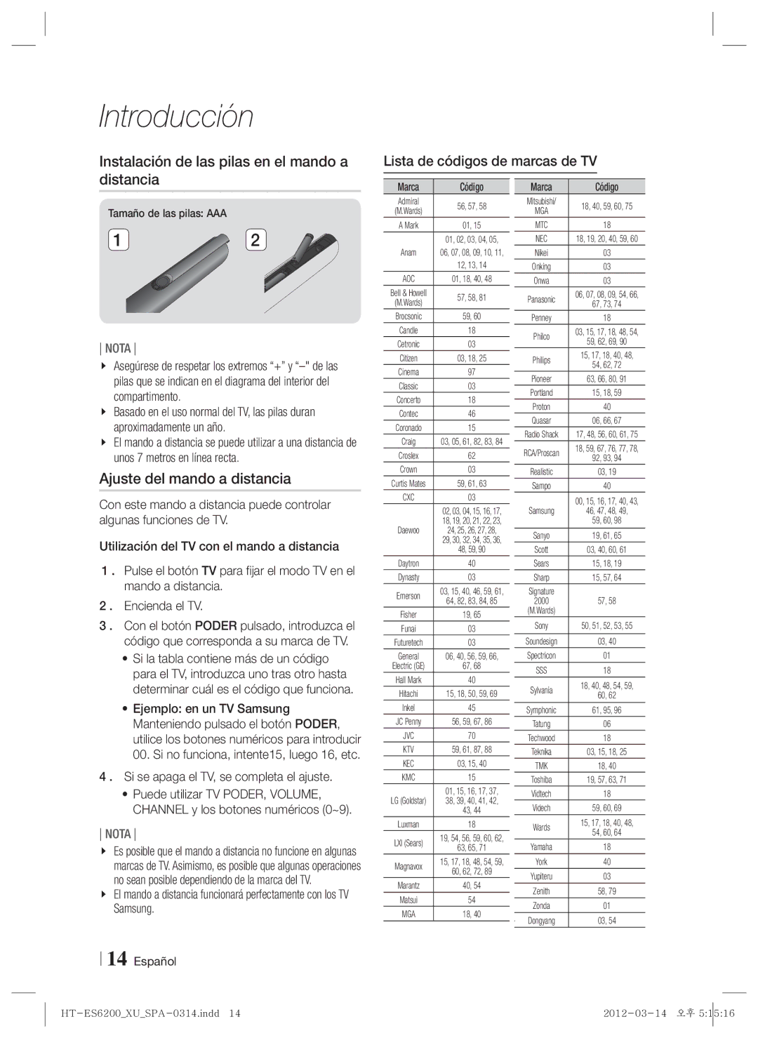 Samsung HT-ES6200/ZF, HT-ES6600/ZF manual Instalación de las pilas en el mando a distancia, Ajuste del mando a distancia 