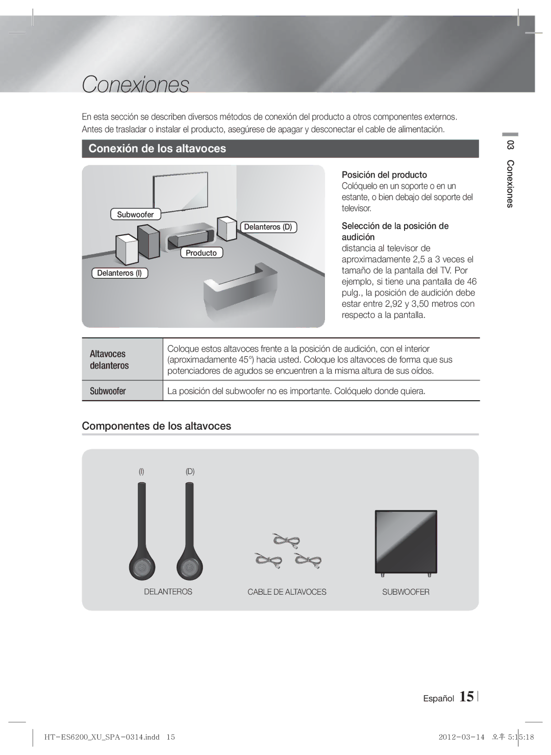 Samsung HT-ES6600/ZF, HT-ES6200/ZF manual Conexiones, Conexión de los altavoces, Componentes de los altavoces 