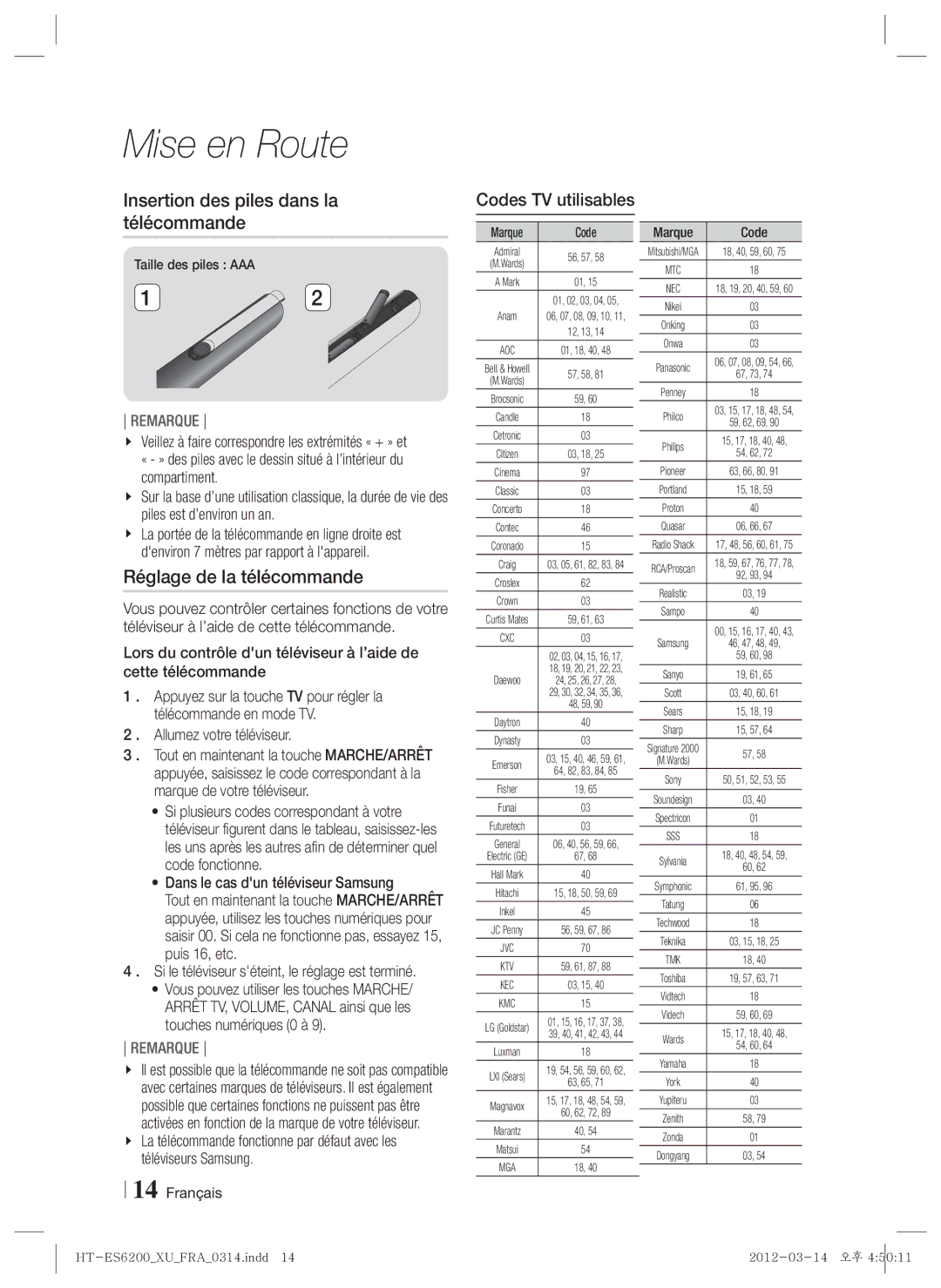 Samsung HT-ES6200/ZF, HT-ES6600/ZF manual Insertion des piles dans la télécommande, Réglage de la télécommande 