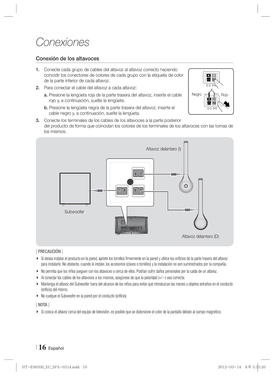 Samsung HT-ES6200/ZF, HT-ES6600/ZF manual Conexión de los altavoces, Altavoz delantero D, Rojo 