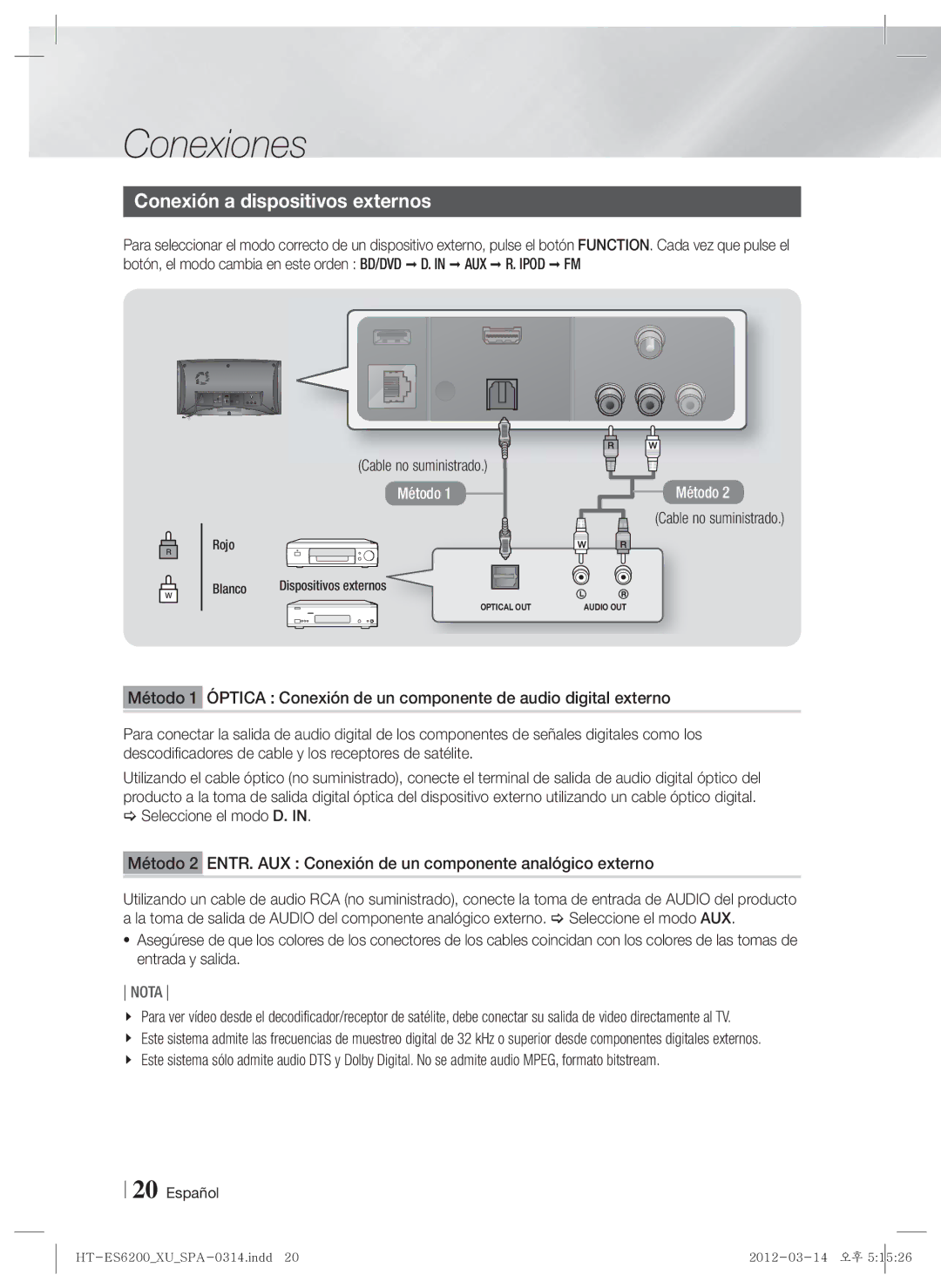 Samsung HT-ES6200/ZF, HT-ES6600/ZF manual Conexión a dispositivos externos, Rojo Blanco 